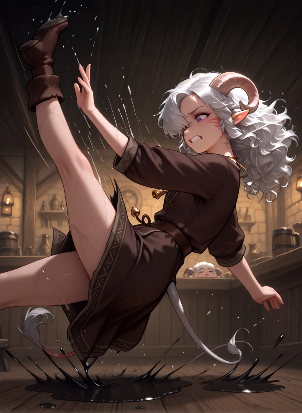 <lora:Grease_magic:1> grease:1.5, slipping_fall, solo, clenched teeth, dark grease, fall, slime on floor, tavern , from side , cowboy shot, masterpiece, best quality,, masterpiece, best quality, tiefling, pointy ears, tiefling, silver hair, ivory sheep horn,
<lora:Tiefling_bard_Diana_v2:0.9> red whisker_markings, silver long wavy hair, bell necklace, short pointy ears, purple eyes, tiefling_bard_diana:1.2, hair over one eye, braid,
cow tail:1.4,
