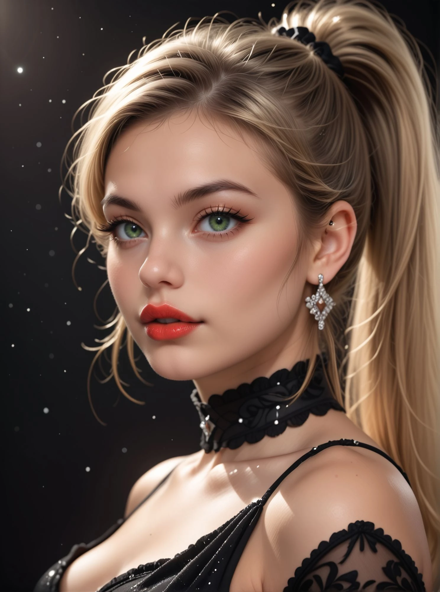woman, looking at viewer, dark background,  shoulders, choker, black eyeliner, eyeshadows, suspended particles, detached sleeves, elegant outfit, earrings, close, portrait,, <lora:Woomy 6 Pony:0.9> dark green eyes, red lips, plump lips, blond, ponytail,