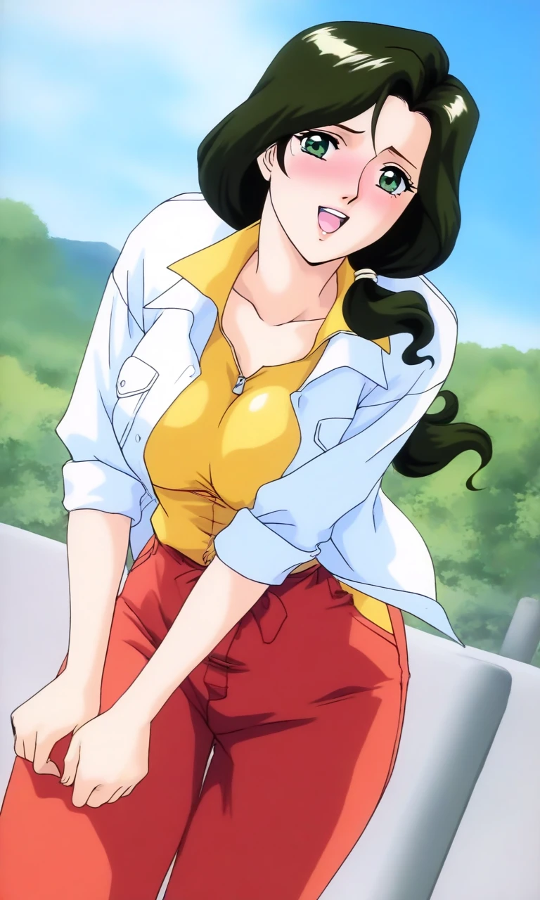 general,highres, ultra-detailed,very aesthetic,best quality ,best hands, BREAK <lora:Sakurai_Sensei_Injuu_Seisen_Ver2.0_IS:1>
Sakurai_Sensei, 1girl,solo, dark green hair, long hair, green eyes, large breasts, low ponytail, lips,smile,looking at viewer, cowboy_Shot, open mouth, closed jacket, button,
Yellow shirt, white jacket, red pants, long pants, embarrassed
outdoor, day,