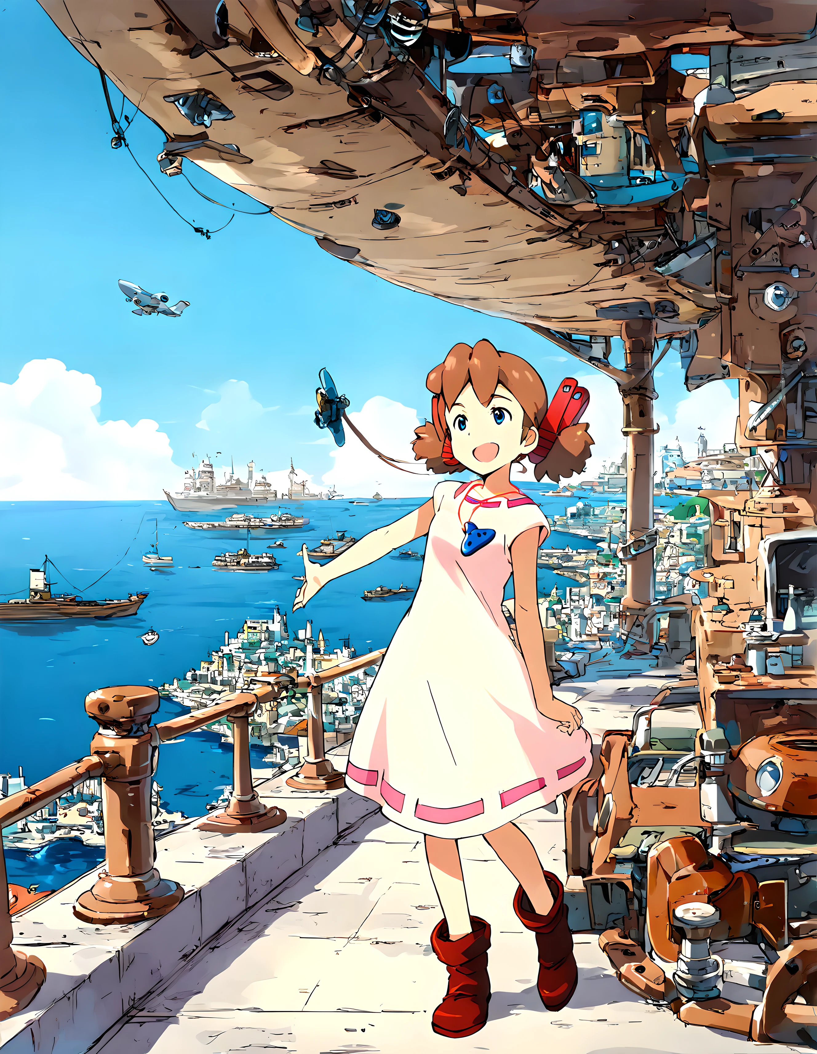 <lora:illustrious_XL_josette:0.9>,josette,masterpiece,best quality,good quality,1girl,solo,dress,necklace,boots,day,city,ocean,water,aircraft,watercraft,ship,:d,