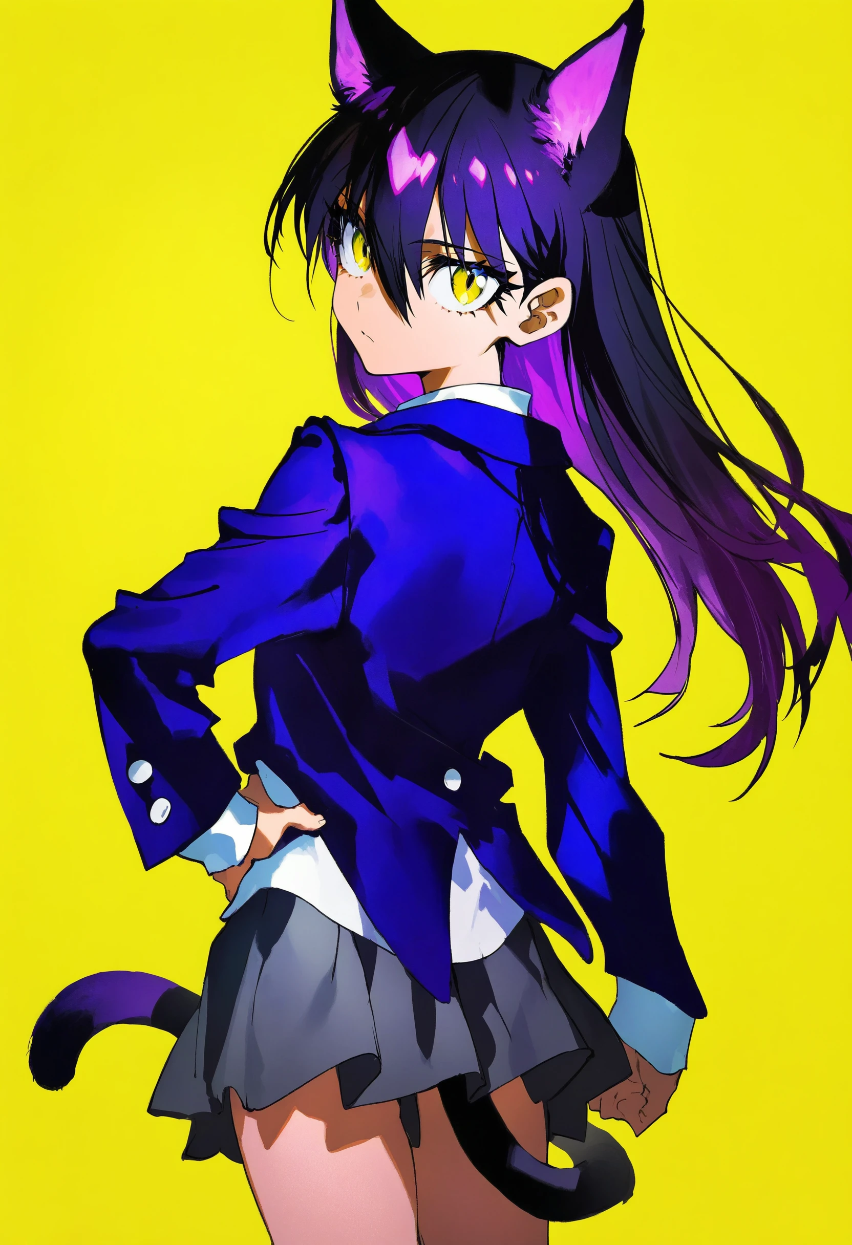 nyaan \(gundam gquuuuuux\), 
artist:[mika pikazo|yoneyama mai|dino \(dinoartforame\)|quasarcake],
1girl, solo, yellow background, looking at viewer, yellow eyes, long hair, school uniform, hair between eyes, simple background, collared shirt, black hair, hair behind ear, white shirt, closed mouth, cowboy shot, blue jacket, blazer, necktie, purple hair, leaning to the side, hand on hip, cat ears, from behind, looking back, cat tail,
absurdres, masterpiece, best quality, very aesthetic
