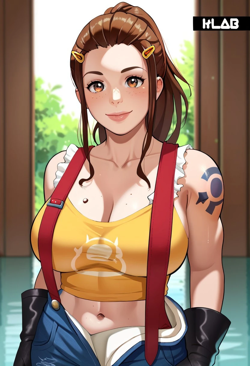score_9, score_8_up, score_7_up, score_6_up, score_5_up, score_4_up, source_cartoon, <lora:confetti-extract- ponyxl:0.85>, detailed eyes, easynegative, rating_explicit, Expressiveh, 1girl, solo,  hlab, large breasts, big breasts, smiling at viewer, close up,
BriggiteXL, brown eyes, brown hair, ponytail, hair pulled back, freckles, hairclip, sidelocks, shoulder tattoo, tank top, red overalls, black gloves, navel, muscles