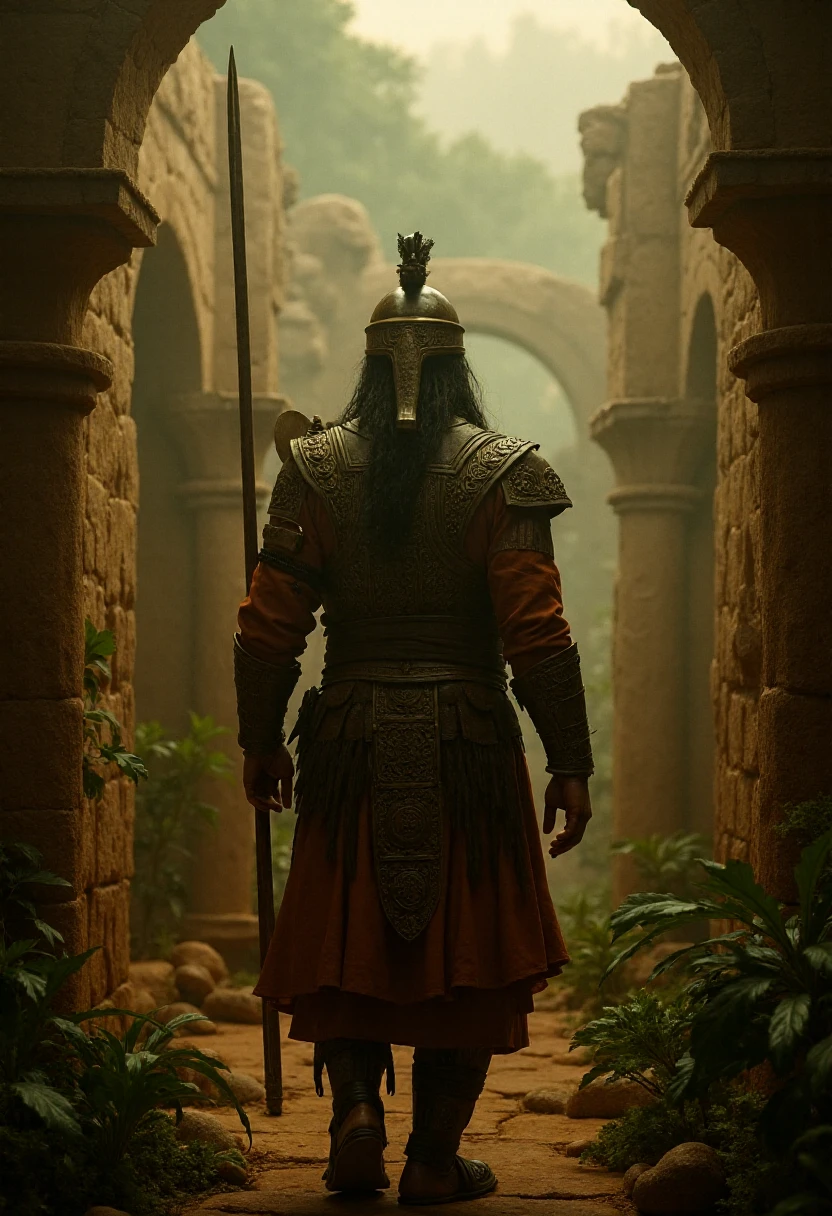 a 4k photograph with hyper realism of a ancient Babylonian warrior in the hanging gardens