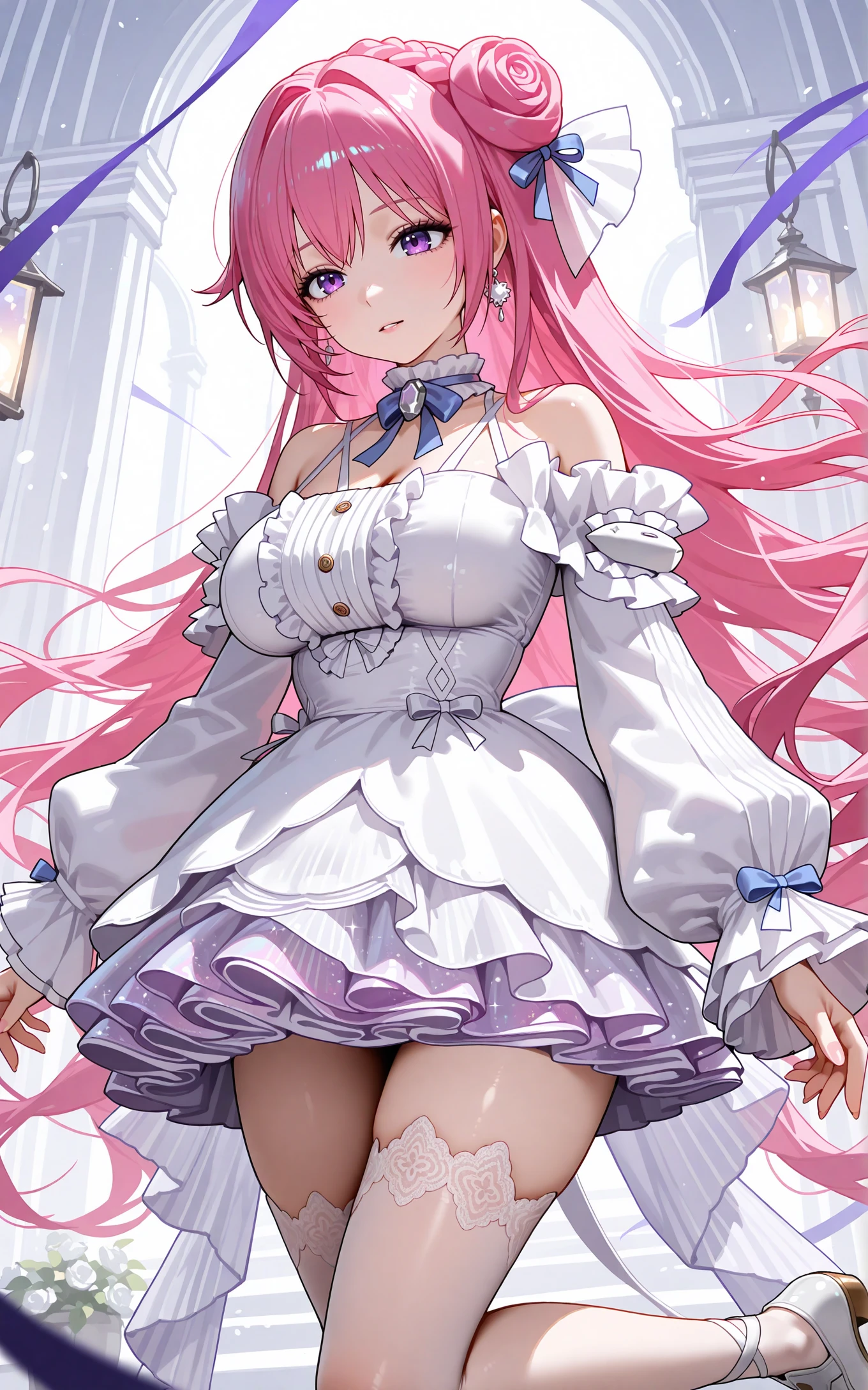 <lora:xl-ill-Dorothy (NIKKE The Goddess of Victory)-v1-000010:0.8>,dorothy \(nikke: the goddess of victory\),1girl,solo,bright pink long hair,braided hair bun on the top of the head,blue and white bow hair accessory,hair has luster,purple eyes,blue_bowtie,
breasts,white off shoulder ruffled skirt,lantern sleeve,5 golden buttons,skirt with purple edge and glitter,ribbon,white lace stockings,white shoes with brown toe caps,