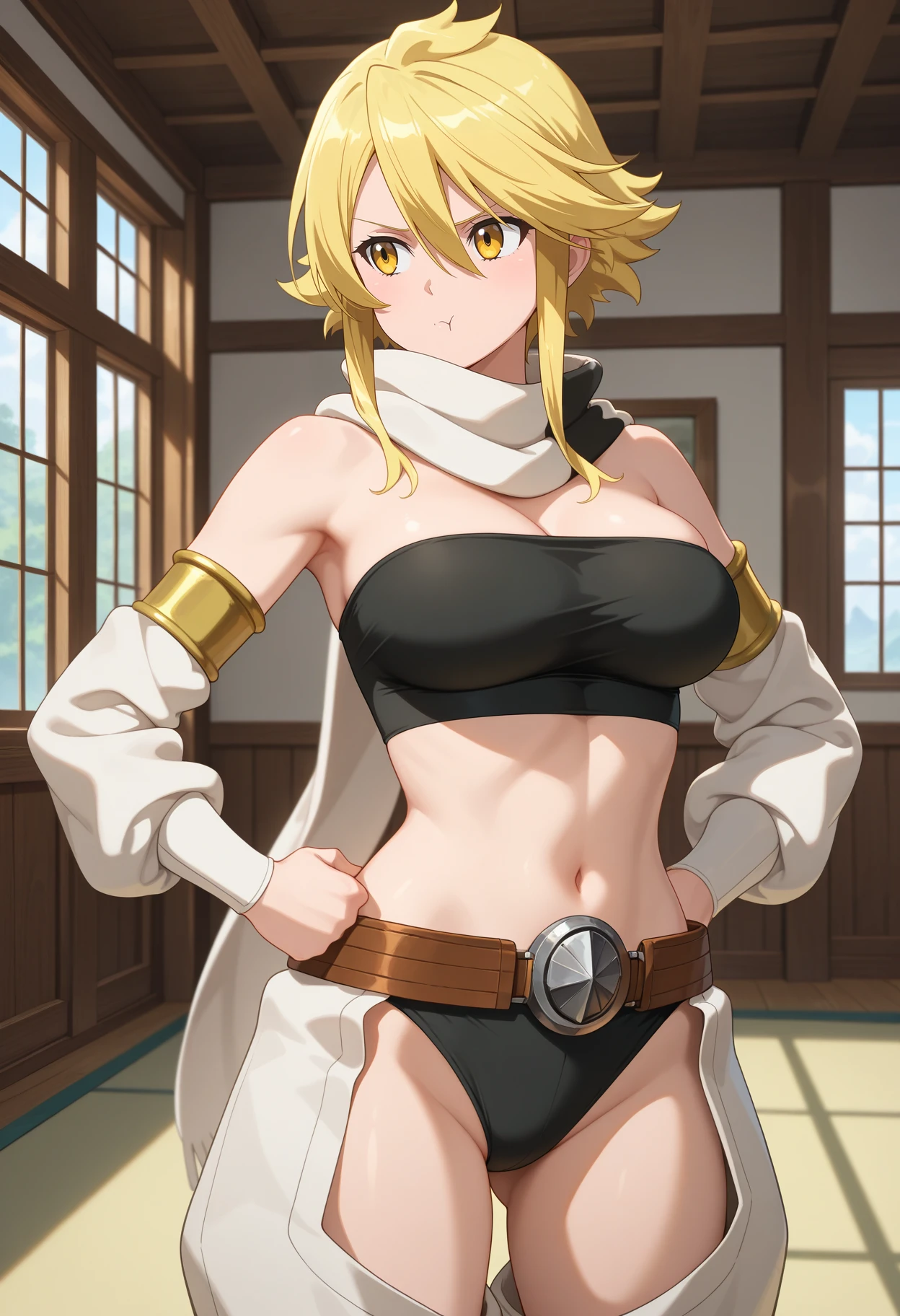 best quality, masterpiece, 1girl, aaleone, short hair, blonde hair, yellow eyes, white scarf, strapless, black tube top, detached sleeves, midriff, belt, black panties, chaps, white pants, <lora:leone_(akame_ga_kill!)_ilxl_v1:0.9>, standing, cowboy shot, indoors, room, pout, hands on own hips,