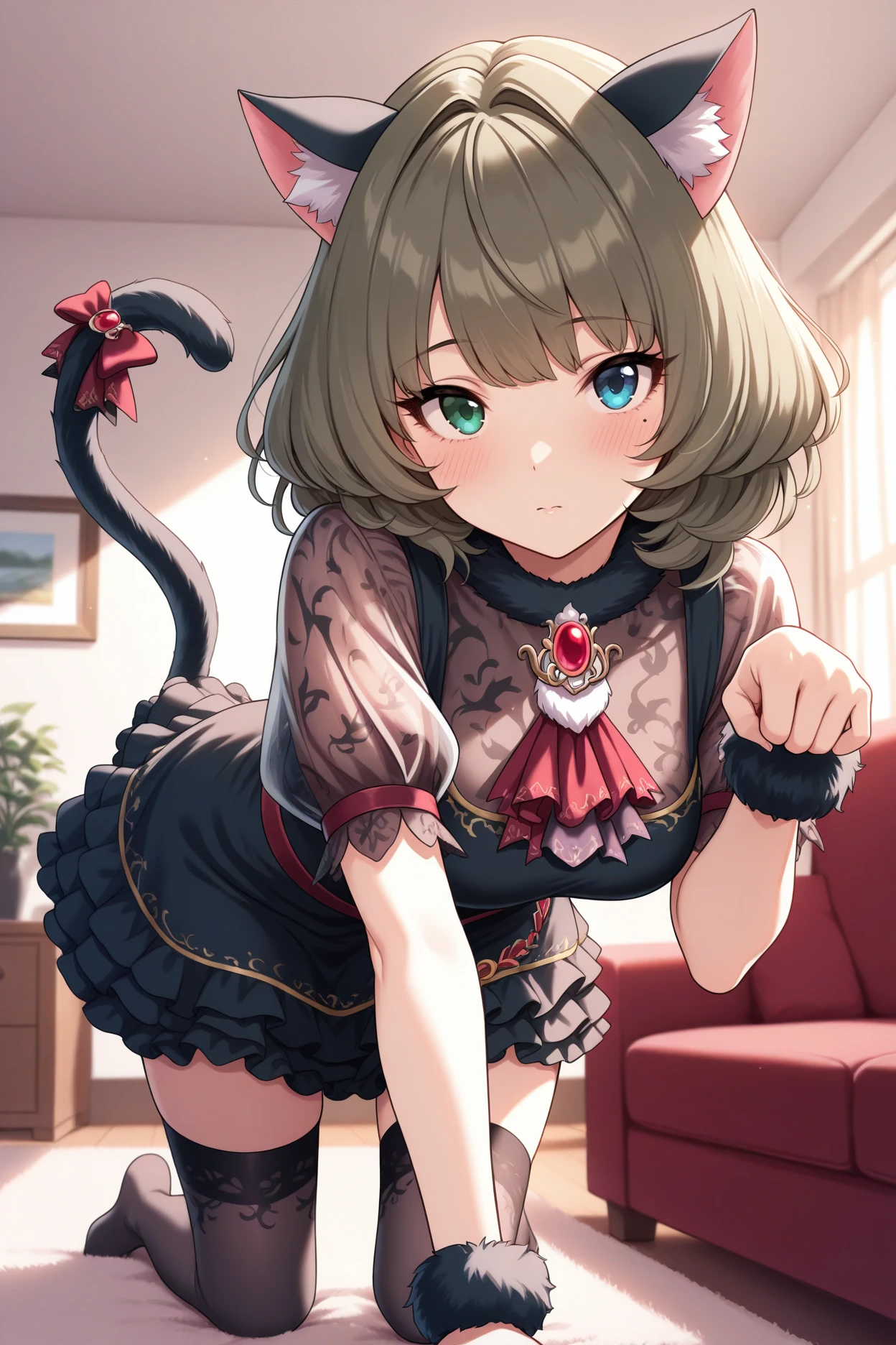 masterpiece, best quality, 1girl, solo, <lora:takagakikaede-illu-nvwls-v1-000006:1> ftkdt, green eyes, blue eyes, heterochromia, brown hair, short hair, mole under eye, cat ears, black dress, short dress, frilled dress, brooch, red ascot, puffy short sleeves, see-through sleeves, fur trim, fur bracelet, cat tail, tail bow, black thighhighs, print thighhighs, paw pose, all fours, indoors, living room, couch, looking at viewer, blush