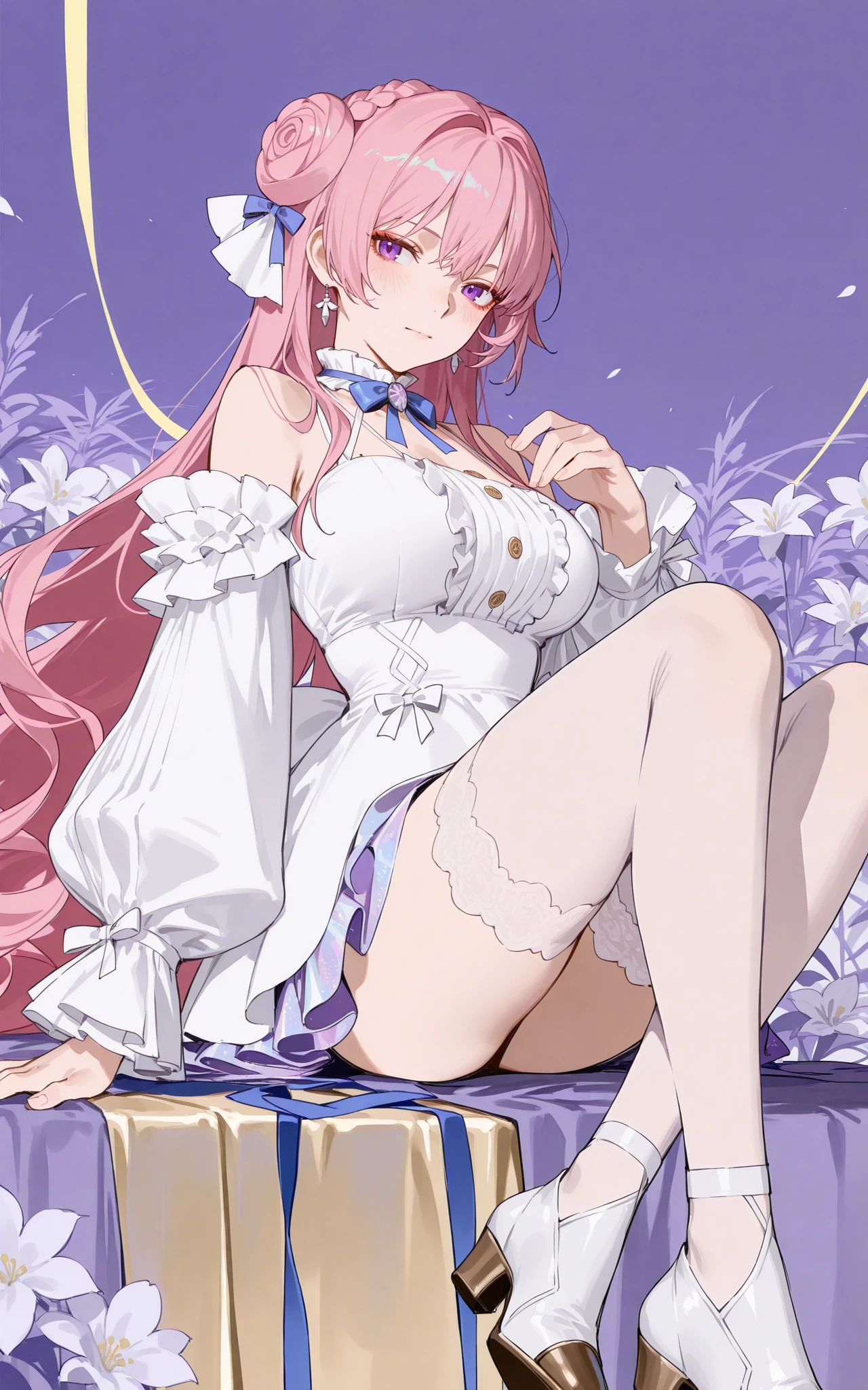 <lora:xl-ill-Dorothy (NIKKE The Goddess of Victory)-v1-000010:0.8>,<lora:illustrious_Simple Flat Coloring_v2-000028:0.85>,Simple Flat Coloring,sketch,line,
(wang xi:1.5),reeh \(yukuri130\),( kinta \(distortion\):1.3),(rei \(sanbonzakura\):1.3),dorothy \(nikke: the goddess of victory\),1girl,solo,bright pink long hair,braided hair bun on the top of the head,blue and white bow hair accessory,hair has luster,purple eyes,blue_bowtie,
breasts,white off shoulder ruffled skirt,5 golden buttons,skirt with purple edge and glitter,ribbon,white lace stockings,white shoes with brown toe caps,
flower,bare shoulders,blush,closed mouth,sitting,