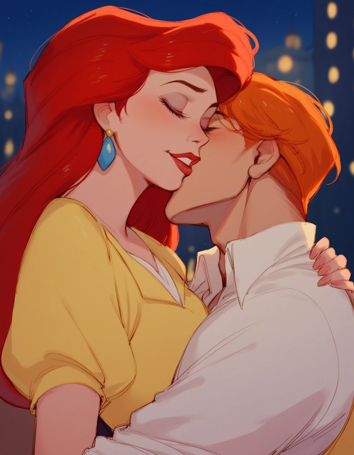score_9, score_8_up, score_7_up,
Disney Animation, male, female, human, male/female, jewelry, blurred background, close-up, shirt, closed eyes, earrings, night, red hair, yellow dress, white shirt, vest, love, orange hair, city, ariel, buildings, embrace
<lora:Disney_Animation_Pony_v1:0.65> ,