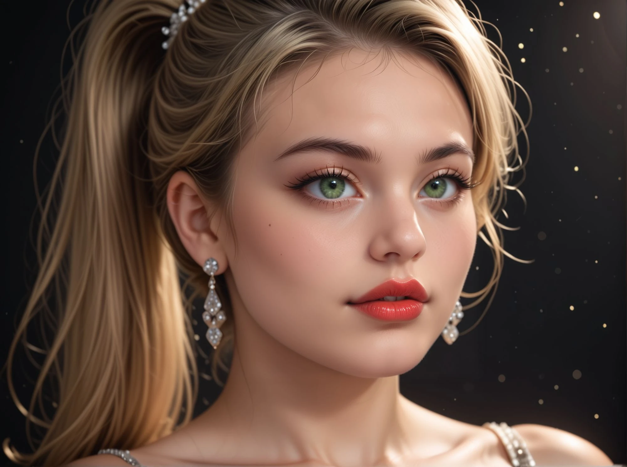 woman face, close up face, looking away, dark background, black eyeliner, eyeshadows, suspended particles, elegant, earring,  shoulder,, <lora:Woomy 6 Pony:0.9> dark green eyes, red lips, plump lips, blond, ponytail,
