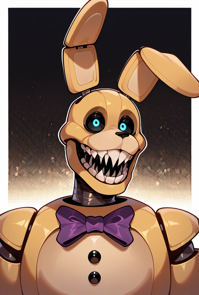 <lora:springbon:1> springbon, teeth, rabbit ears, blue eyes, black sclera, purple bowtie, sharp teeth, animatronic, robot joints,, 1boy, smile, masterpiece, best quality, amazing quality, very aesthetic, absurdres, newest,, upper body, halftone effect, white borders, abstract background:1.2,