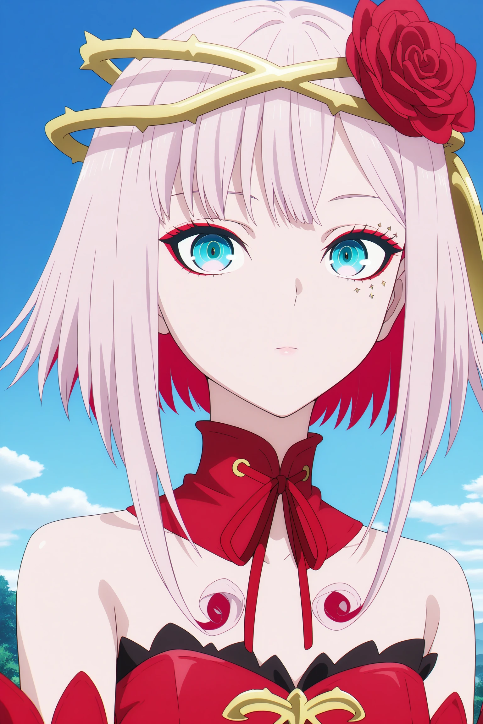 masterpiece, best quality, amazing quality, highres, absurdres, very aesthetic, high resolution, ultra detailed, perfect details, 1girl, solo, outdoors, day, blue sky, cloud, destiny, short hair, colored inner hair, pink hair, red hair, short hair with long locks, hair ornament, hair flower, crown of thorns, aqua eyes, makeup, red eyeshadow, mark under eye, red nails, detached collar, red dress, strapless dress, high-low skirt, corset, thorns, detached sleeves, black thighhighs, red footwear, platform heels, <lora:Destiny_Cosette_ILXL:0.8>, (portrait:1.4), looking at viewer, expressionless, (anime screencap:1.2)