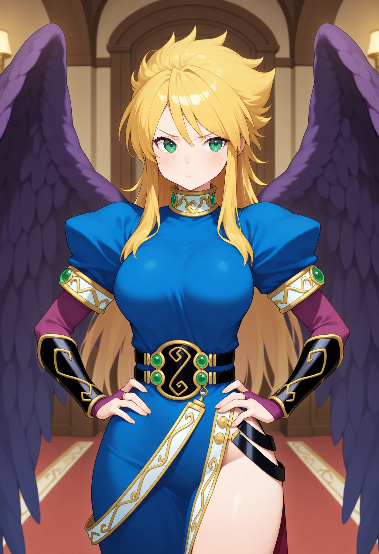best quality, masterpiece, 1girl, aanina, long hair, blonde hair, green eyes, feathered wings, blue dress, puffy sleeves, arm guards, bridal gauntlets, black belt, side slit, <lora:nina_(bof2)_ilxl_v1:0.9>, standing, cowboy shot, indoors, room, pout, hands on own ,