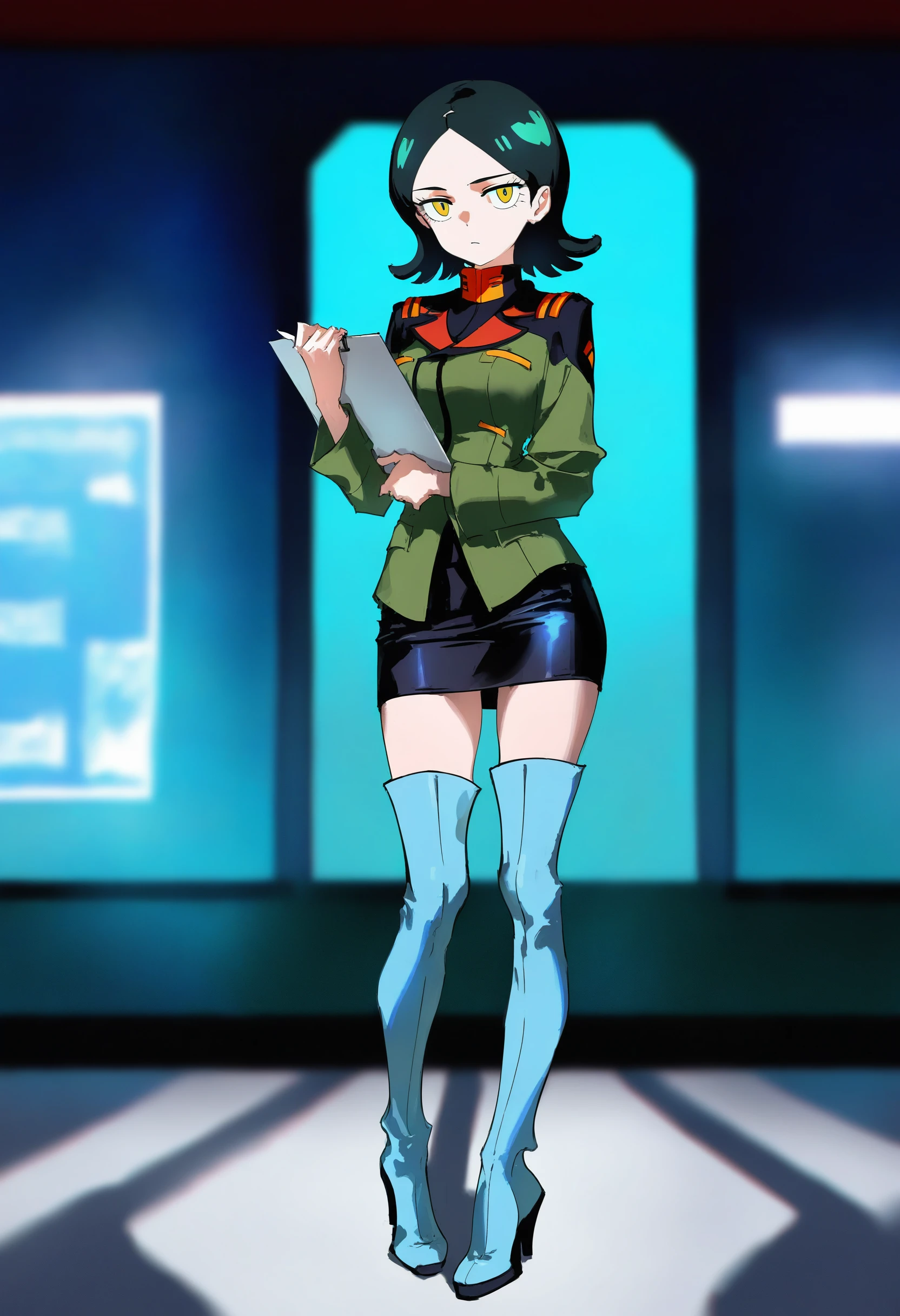 comoli harcourt, gundam gquuuuuux, 
artist:[dino \(dinoartforame\)|yoneyama mai|quasarcake],

1girl, solo, thigh boots, black hair, military uniform, thighhighs, green jacket, looking at viewer, short hair, pencil skirt, black skirt, full body, blue footwear, high heel boots, miniskirt, long sleeves, shirt, yellow eyes, medium breasts, standing, spaceship, holding clipboard,

absurdres, masterpiece, best quality, very aesthetic