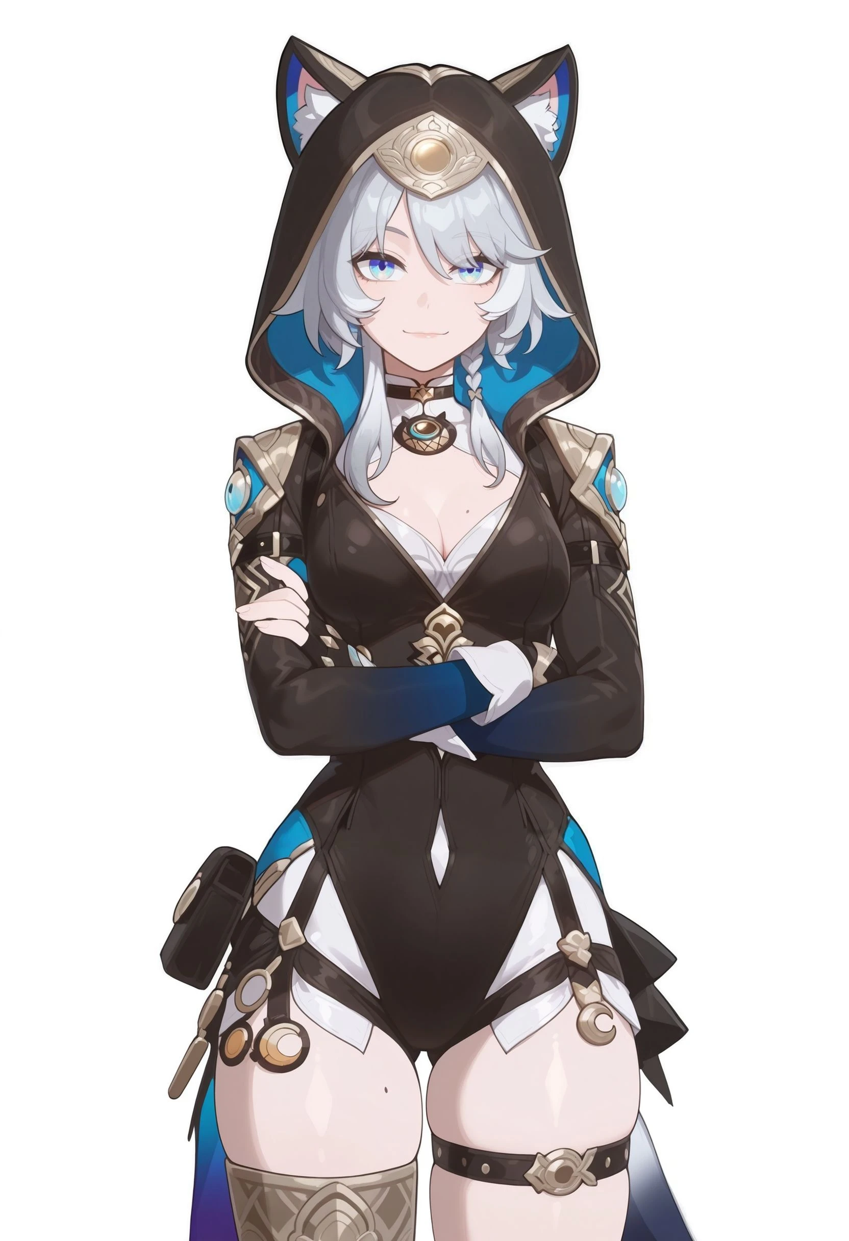 a girl with white disheveled hair, black hoodie with star patterns, belly dancer outfit, cyan eyes, golden accesories and patterns, chakrams