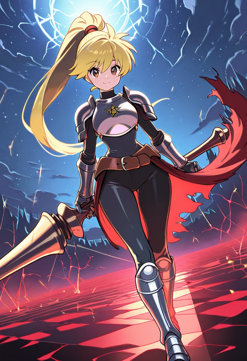 masterpiece, best quality, solo, curvy, beautiful eyes, narrow waist, wide hips, 1girl, solo, smile, looking at viewer, dynamic angle, foreshortening, close up,    zzYellow, brown eyes, blonde hair, long hair, ponytail, bangs,  , <lora:YellowPokemon_NAI:1.0>, [Nightmare Knightâs Armor], matte-black plated armor with blood-red rivets, rook-carved shoulder guards, torn cape with jagged hem, helmet crowned with dark plume, double-bladed lance with knight sigil, gauntlets with clawed fingers, chain boots, thunderstorm sky, battle-worn chessboard field, tense posture, glowing red eyes,