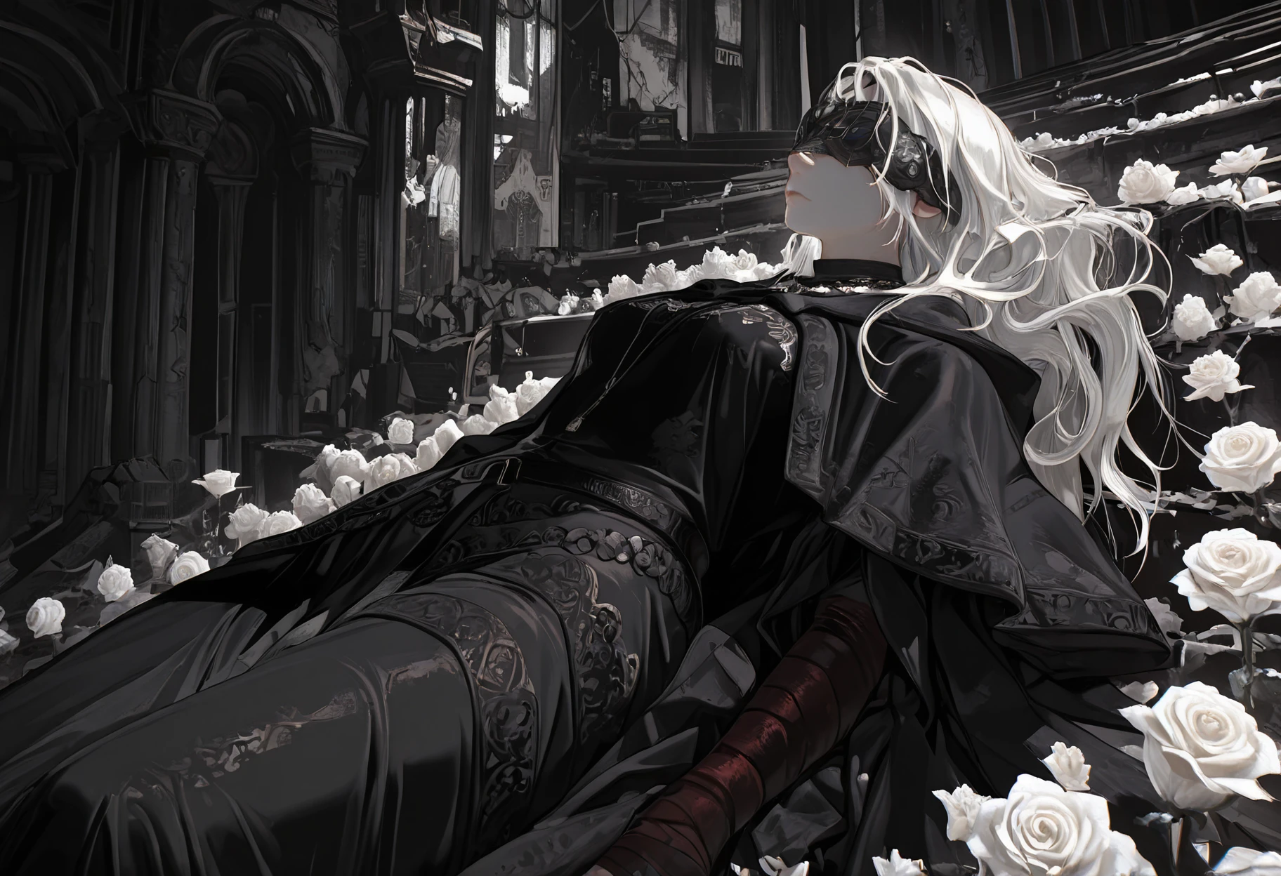 masterpiece, best quality, amazing quality, very aesthetic, absurdres, newest, 1girl,
<lora:taiki99_style_illustr:1> ta1k199, abstract background, surreal background, detailed background,
volumetric lighting, detailed shadows,
<lora:Firekeeper_Dark_souls_3_Illustrious:0.8> firekeeperill, mask, capelet, dress, black dress, necklace, bandaged arm, long hair,white hair,black dress,jewelry,necklace,capelet,mask,cloak,blindfold,covered eyes,eye mask, expressionless,
lying on back, from side, (upper body focus:0.5), low angle, from below,
glitch, chromatic abberation, white theme | black theme, white rose | multiple white roses, dark ruins background, stairs,