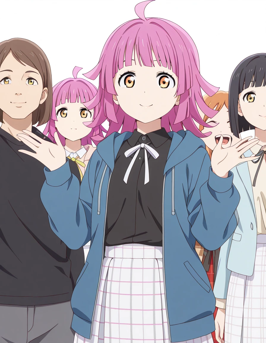 masterpiece, best quality, amazing quality,, <lora:rina-tennouji-s2-illustriousxl-lora-nochekaiser:1>, rina tennouji, tennouji rina, bangs, yellow eyes, pink hair, ahoge, blunt bangs, medium hair, blunt ends, mature female, small breasts, anime screencap, skirt, shirt, ribbon, collared shirt, plaid, black shirt, neck ribbon, plaid skirt, white skirt, jacket, blue jacket, hood, checkered skirt,, smile, street market, vendor, street food, bustling crowd, local flavor, vibrant, cowboy shot, solo, looking at viewer, <lora:transparent-background-illustriousxl-lora-nochekaiser:1>, transparent background, simple background, white background