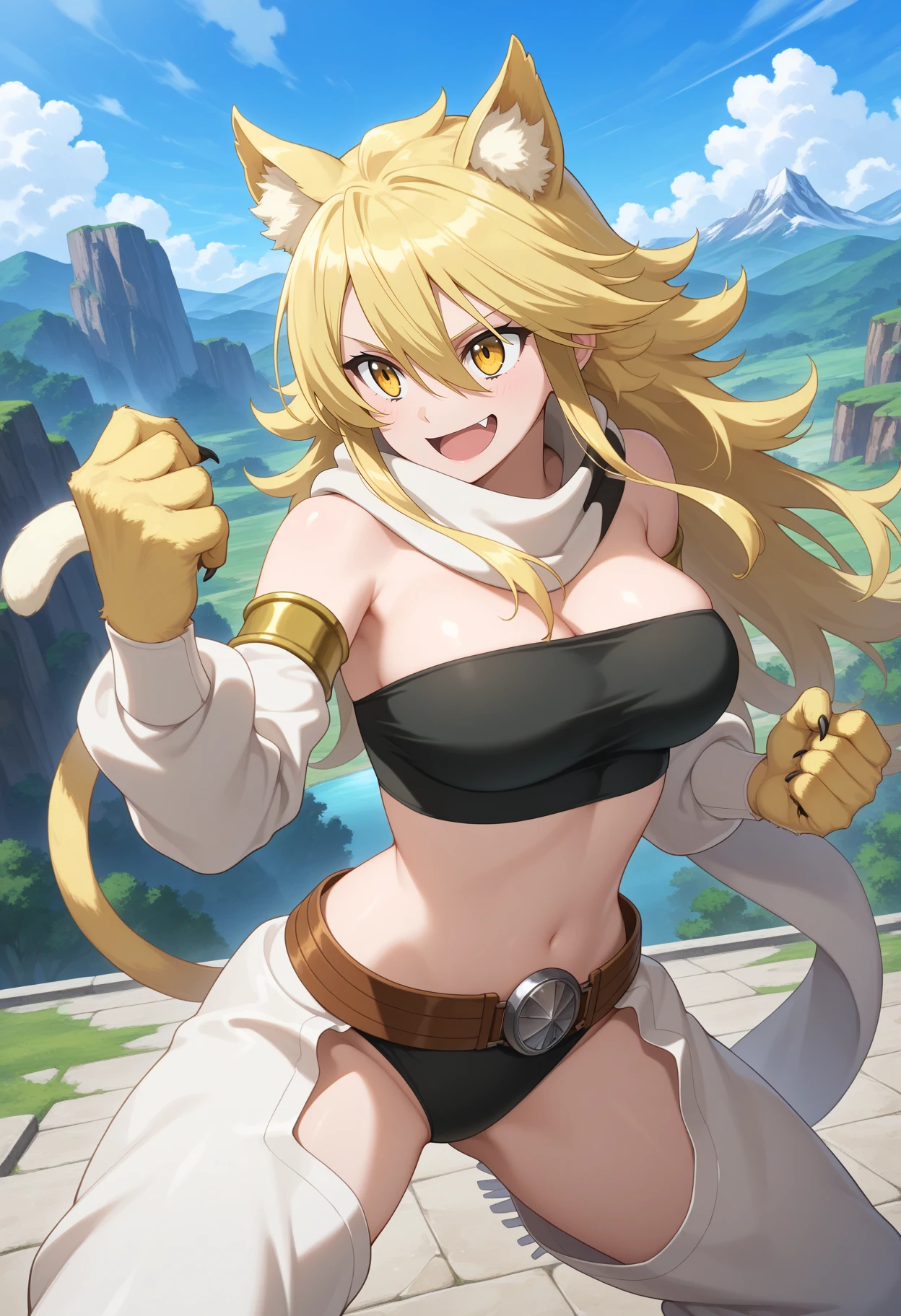 best quality, masterpiece, 1girl, aaleone, long hair, blonde hair, animal ears, yellow eyes, fang, tail, white scarf, strapless, black tube top, detached sleeves, animal hands, midriff, belt, black panties, chaps, white pants, <lora:leone_(akame_ga_kill!)_ilxl_v1:0.9>, outdoors, fighting stance, smile, open mouth,