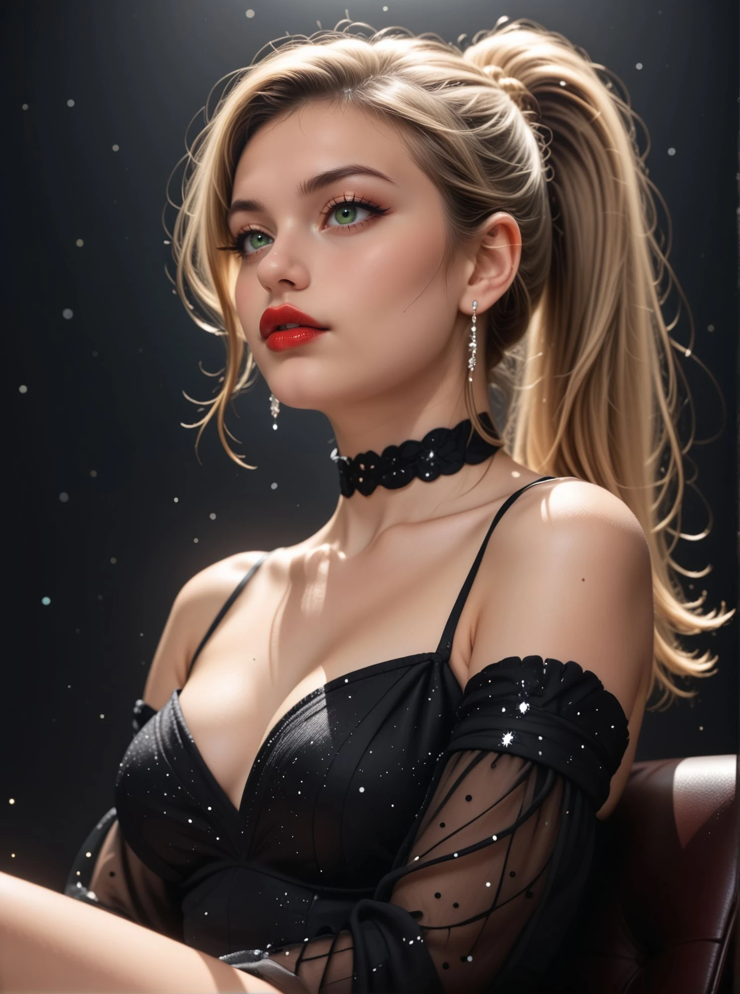 woman, dark background,  shoulders, choker, black eyeliner, eyeshadows, suspended particles, detached sleeves, elegant outfit, earrings, sit, low angle, crossed legs, looking away, close, <lora:Woomy 6 Pony:0.9> dark green eyes, red lips, plump lips, blond, ponytail,