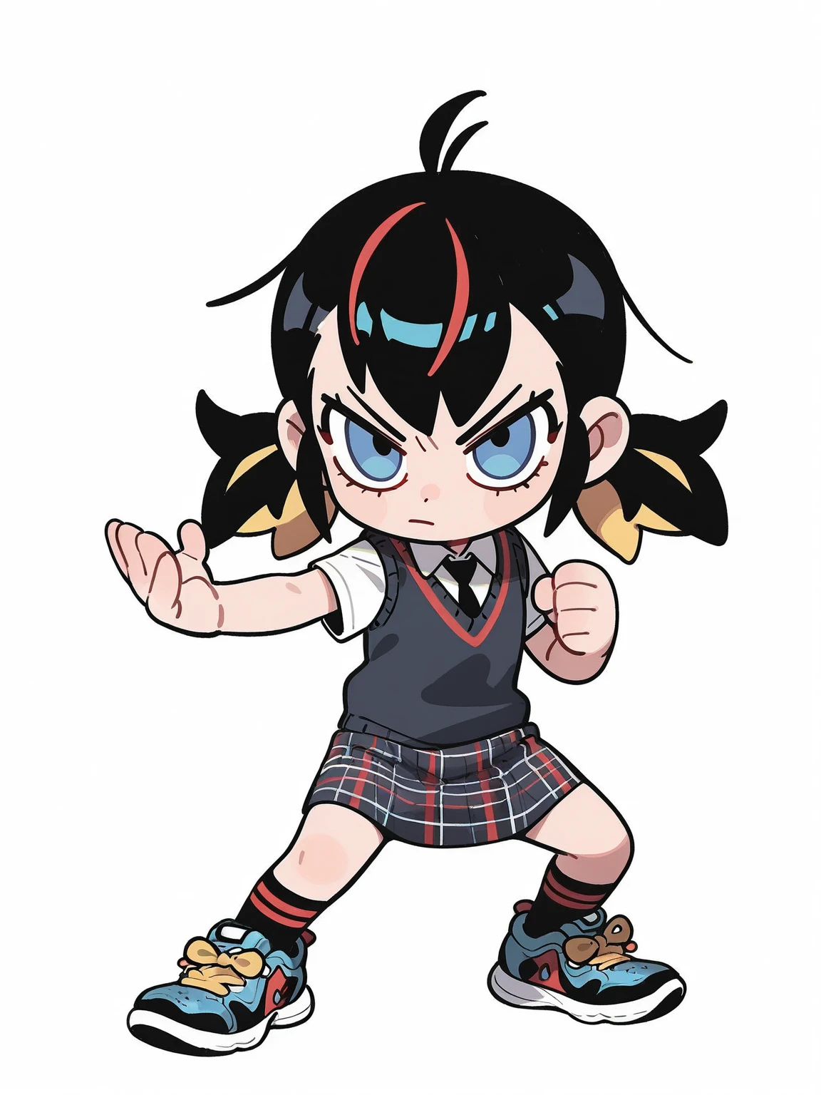 <lora:MR_PeniParker-IL:0.8>  1girl, solo, chibi, full body, white background, blue eyes, black hair, peniold, looking at viewer, streaked hair, twintails, white collared shirt, short sleeves, sweater vest, tucked necktie, plaid skirt, shoes, socks, fighting stance, masterpiece, best quality, detailed, highres, newest, recent, very as2, very awa