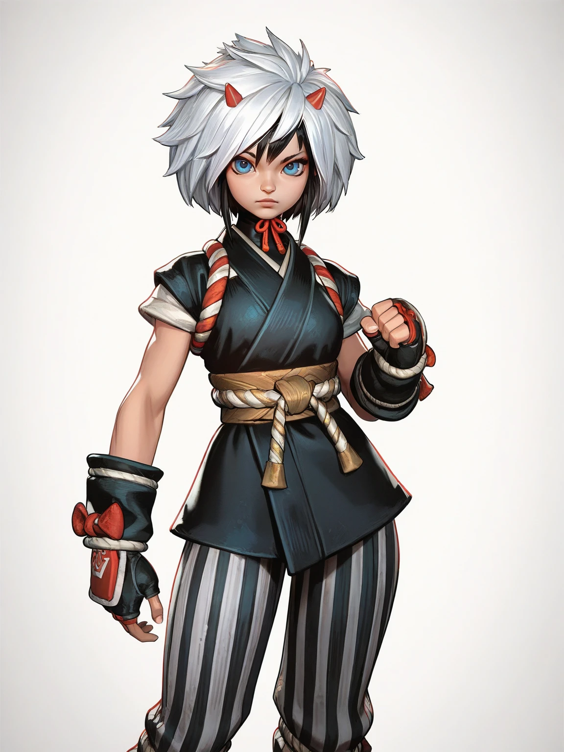 <lora:MR_PeniParker-IL:0.8> 1girl, solo, cowboy shot, white background, penialt, blue eyes, looking at viewer, black hair, short hair, red horns, white hair, japanese clothes, fingerless gloves, striped pants, sash, masterpiece, best quality, detailed, highres, newest, recent, very as2, very awa