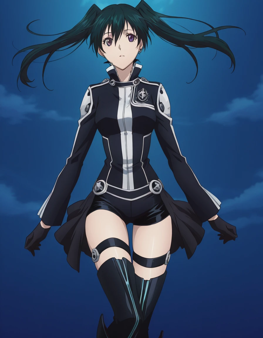 masterpiece, best quality, detailed background, detailed face, anime screencap, <lora:Lenalee_Lee_-_D.Gray-man:1>, 1girl, solo,Lenalee Lee, twintails, hair, dark green hair, purple eyes, earrings, medium breasts, second uniform, tight clothes,complete black jacket, long sleeves,black shorts, zettai ryouiki, black metal boots, black gloves,