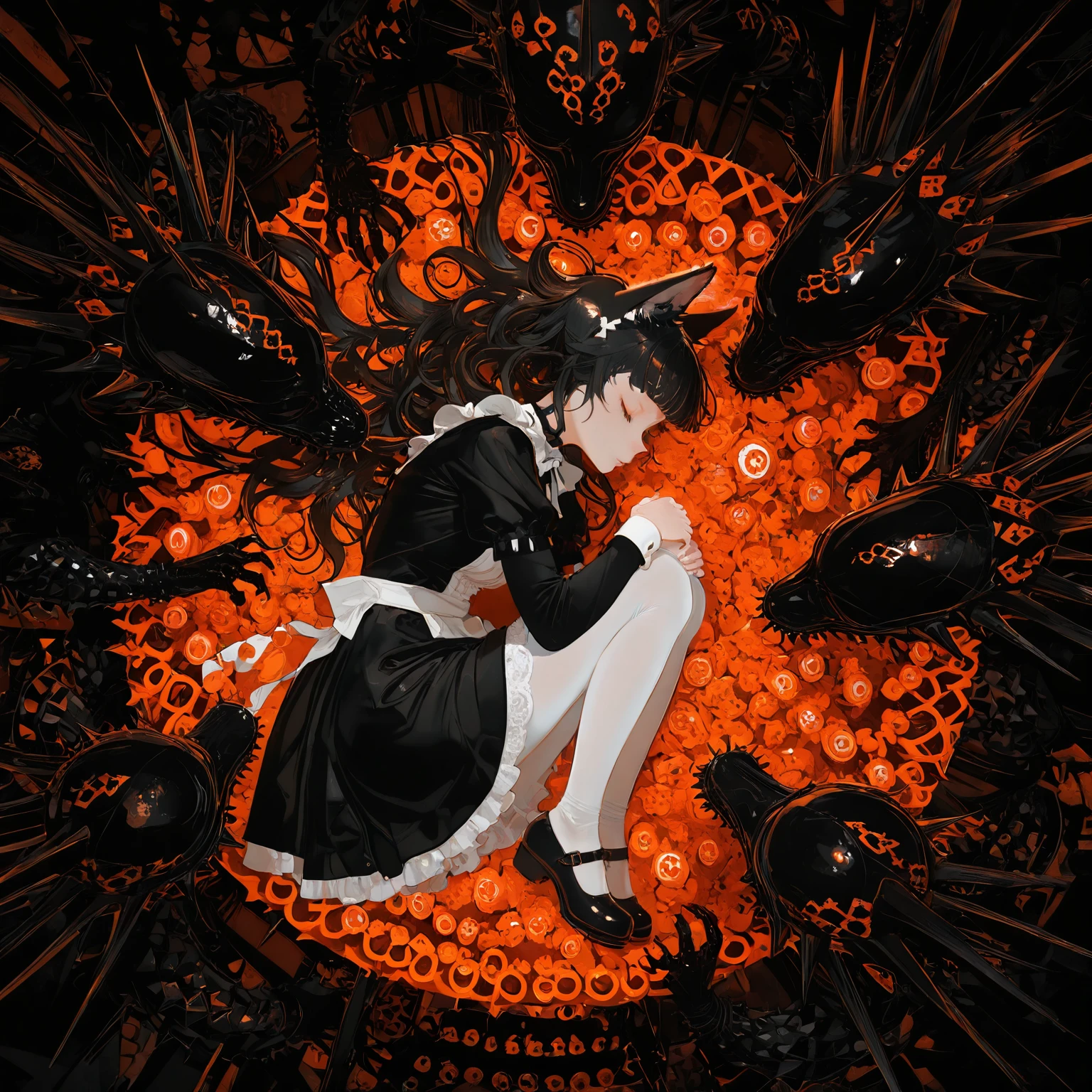 masterpiece, best quality, amazing quality, very aesthetic, absurdres, newest, 1girl,
<lora:taiki99_style_illustr:1> ta1k199, abstract background, surreal background, detailed background, colorful,
volumetric lighting, detailed shadows,
cat girl, black hair, long hair, blunt bangs, maid, dress, white pantyhose, mary janes, closed eyes, expressionless,
fetal position, holding own knees, (lying on side:0.5), girl lying, girl lying on side,
from side, monster, multiple monsters, 3others, creature, spiked tentacle, spike, spikes, attacking, monsters attacking girl, spikes directed at girl,
black theme | orange theme, white accents, green accents