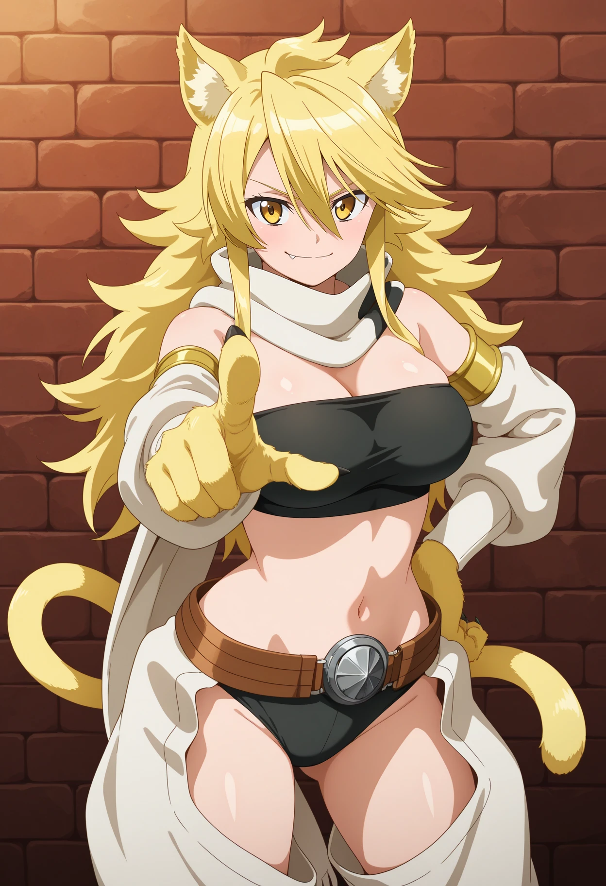 best quality, masterpiece, 1girl, aaleone, long hair, blonde hair, animal ears, yellow eyes, fang, tail, white scarf, strapless, black tube top, detached sleeves, animal hands, midriff, belt, black panties, chaps, white pants, <lora:leone_(akame_ga_kill!)_ilxl_v1:0.9>, standing, cowboy shot, pointing at viewer, smirk, hand on own hip,