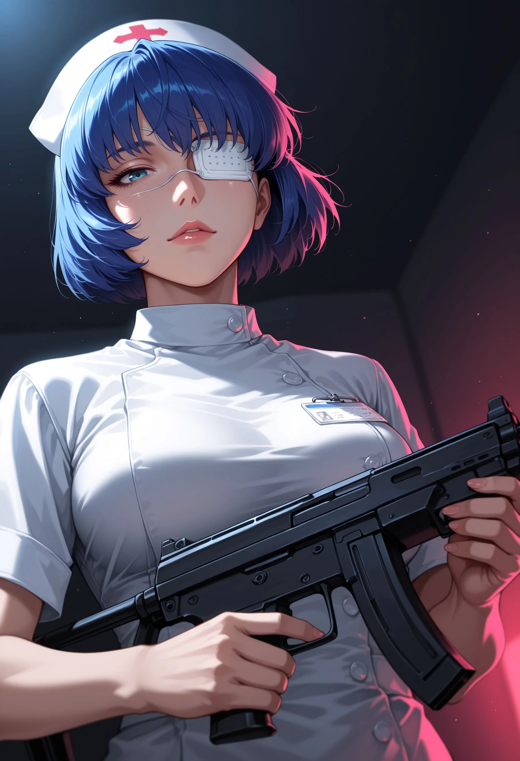 masterpiece, best quality, ultra-detailed, absurdres, 8K, highres, illustration, CG, amazing quality, intricate details, highly detailed, hyper-detailed, sharp focus, depth of field, realistic shading, beautiful lighting, cinematic lighting, HDR, volumetric lighting, raytracing, ambient occlusion, subsurface scattering, vibrant colors, soft lighting, smooth shading, reflective surfaces, ultra-detailed eyes, clear skin, shiny hair, gradient background, detailed background, BREAK, fujimoto_tatsuki, fujimoto_tatsuki_(style), random place, woman, ryomou_shimei, eyepatch, nurse outfit, reloading, submachine gun, silencer, suppresor, low angle