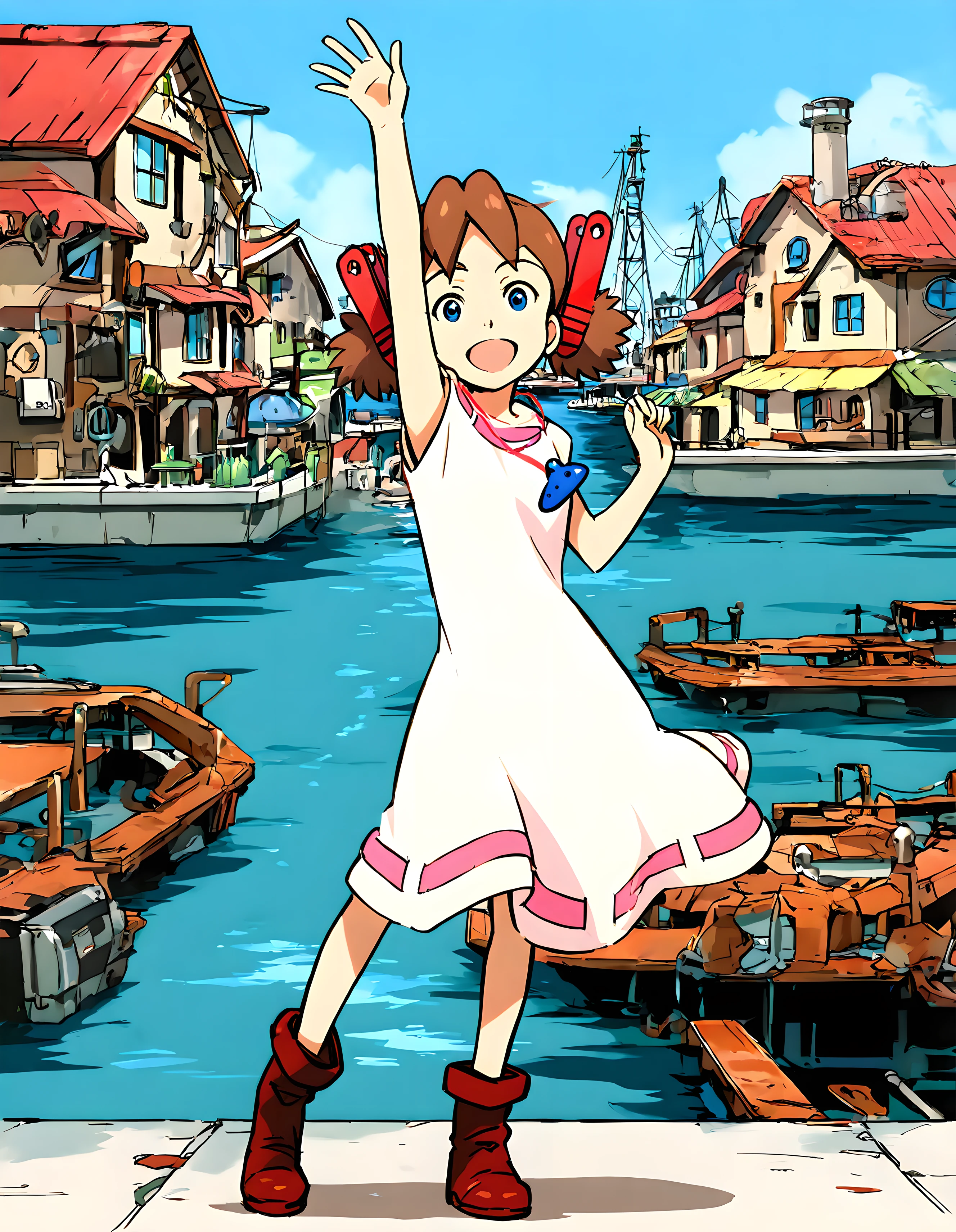 <lora:illustrious_XL_josette:0.9>,josette,masterpiece,best quality,good quality,1girl,solo,dress,necklace,boots,water,harbor,stretch,waving,arm_up,looking_at_viewer,