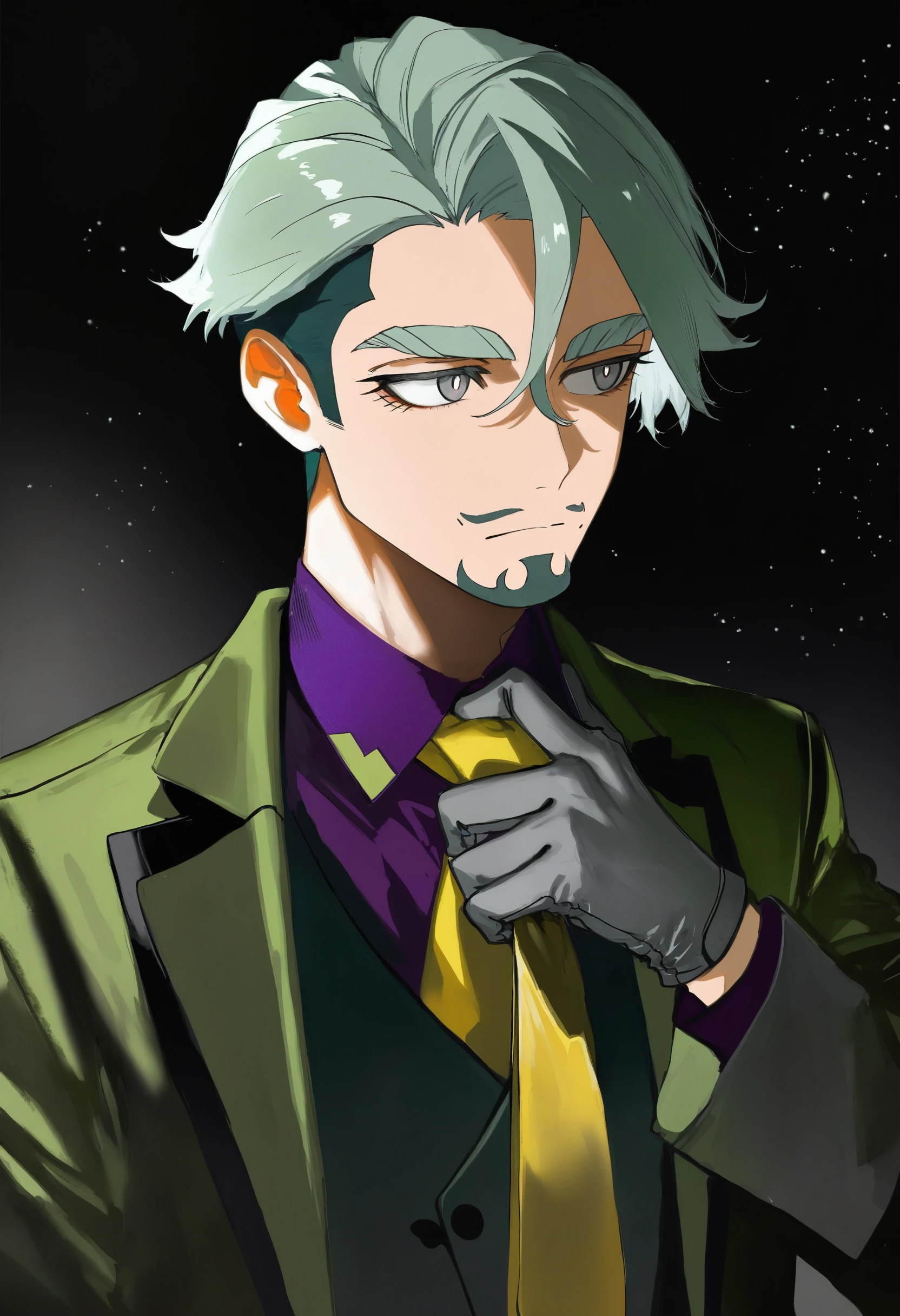 challia bull, gundam gquuuuuux, 
artist:[au \(d elete\)|john kafka|dino \(dinoartforame\)|quasarcake],
male focus, 1boy, mature male, solo, facial hair, yellow necktie, grey eyes, green jacket, short hair, collared shirt, closed mouth, looking to the side, purple shirt, grey background, upper body, grey hair, grey gloves, hand up, green hair, hair between eyes, undercut, thick eyebrows, black background, space, adjusting necktie, 
absurdres, masterpiece, best quality, very aesthetic