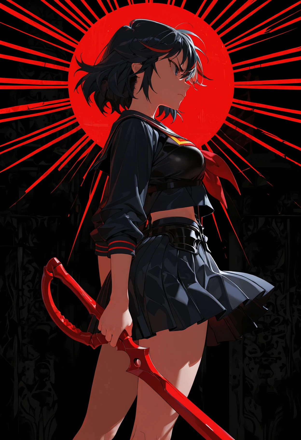 masterpiece, best quality, amazing quality, very aesthetic, absurdres, newest, 1girl,
<lora:taiki99_style_illustr:1> ta1k199, abstract background, surreal background, detailed background,
volumetric lighting, detailed shadows,
matoi ryuuko, black hair, black serafuku, black skirt, suspenders, angry face, closed mouth,
japanese flag, (rising sun flag:1.3), flag background,
from below, from side, holding red sword, holding red saber