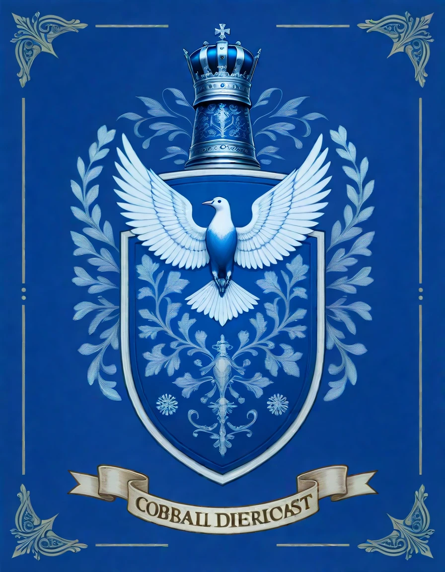masterpiece, best_quality, very_aesthetic, highres, absurdres, ultra detailed,
<lora:negXL:0.5> <lora:HeraldicCrest_IL:1> heraldiccrest, no humans, simple background, english text , cobalt blue theme , trim ,shiled, geometric pattern, bird