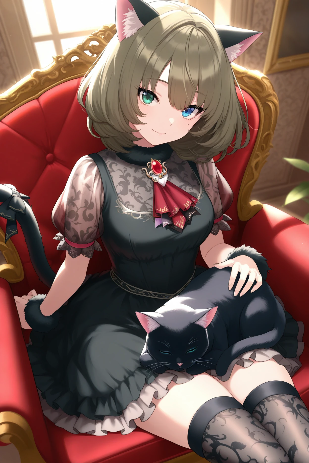 masterpiece, best quality, 1girl, solo, <lora:takagakikaede-illu-nvwls-v1-000006:1> ftkdt, green eyes, blue eyes, heterochromia, brown hair, short hair, mole under eye, cat ears, black dress, short dress, frilled dress, brooch, red ascot, puffy short sleeves, see-through sleeves, fur trim, fur bracelet, cat tail, tail bow, black thighhighs, print thighhighs, happy, sitting, fancy chair, indoors, black cat, looking at viewer, cat in lap