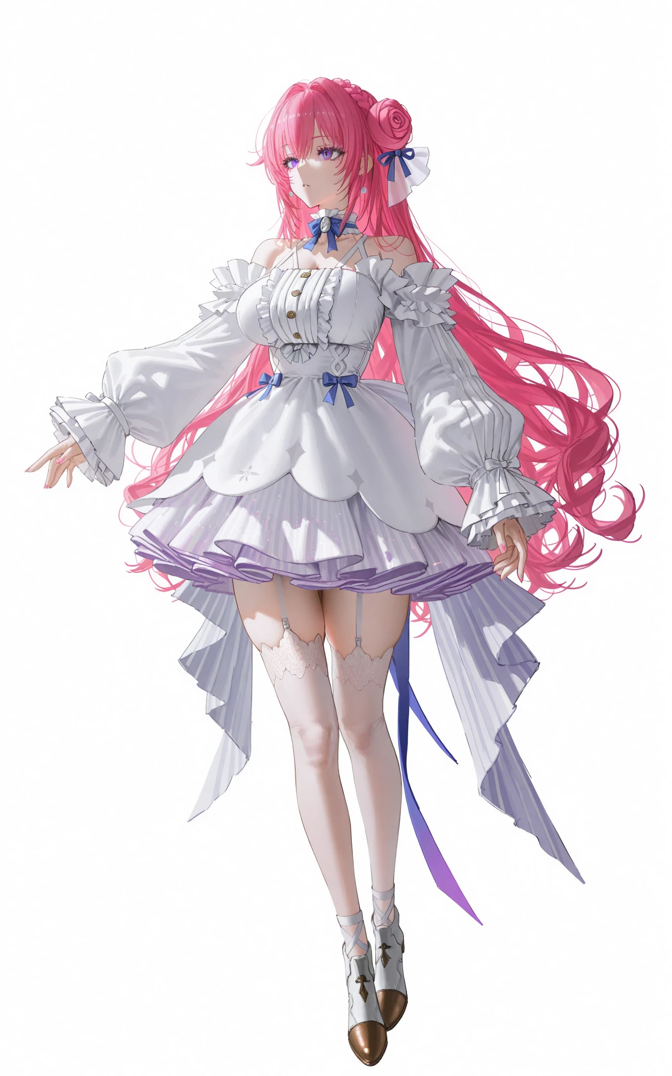 (artist:betabeet:1.2),artist:john_kafka,artist:nixeu,artist:quasarcake,
<lora:xl-ill-Dorothy (NIKKE The Goddess of Victory)-v1-000010:0.8>,dorothy \(nikke: the goddess of victory\),1girl,solo,bright pink long hair,braided hair bun on the top of the head,blue and white bow hair accessory,hair has luster,purple eyes,blue_bowtie,
breasts,white off shoulder ruffled skirt,lantern sleeve,5 golden buttons,skirt with purple edge and glitter,ribbon,white lace stockings,white shoes with brown toe caps,
<lora:illustrious_Simple Flat Coloring_v2-000028:0.4>,Simple Flat Coloring,sketch,line,simple background,white background,