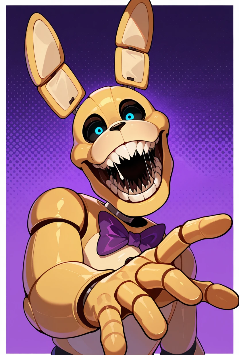 <lora:springbon:1> springbon, teeth, rabbit ears, blue eyes, black sclera, purple bowtie, sharp teeth, animatronic, robot joints,, 1boy, smile, big head, big mouth, wide jaw, wide face, dynamic pose, reaching out, drooling, , massive head, , purple background, masterpiece, best quality, amazing quality, very aesthetic, absurdres, newest,, upper body, halftone effect, white borders, abstract background:1.2,