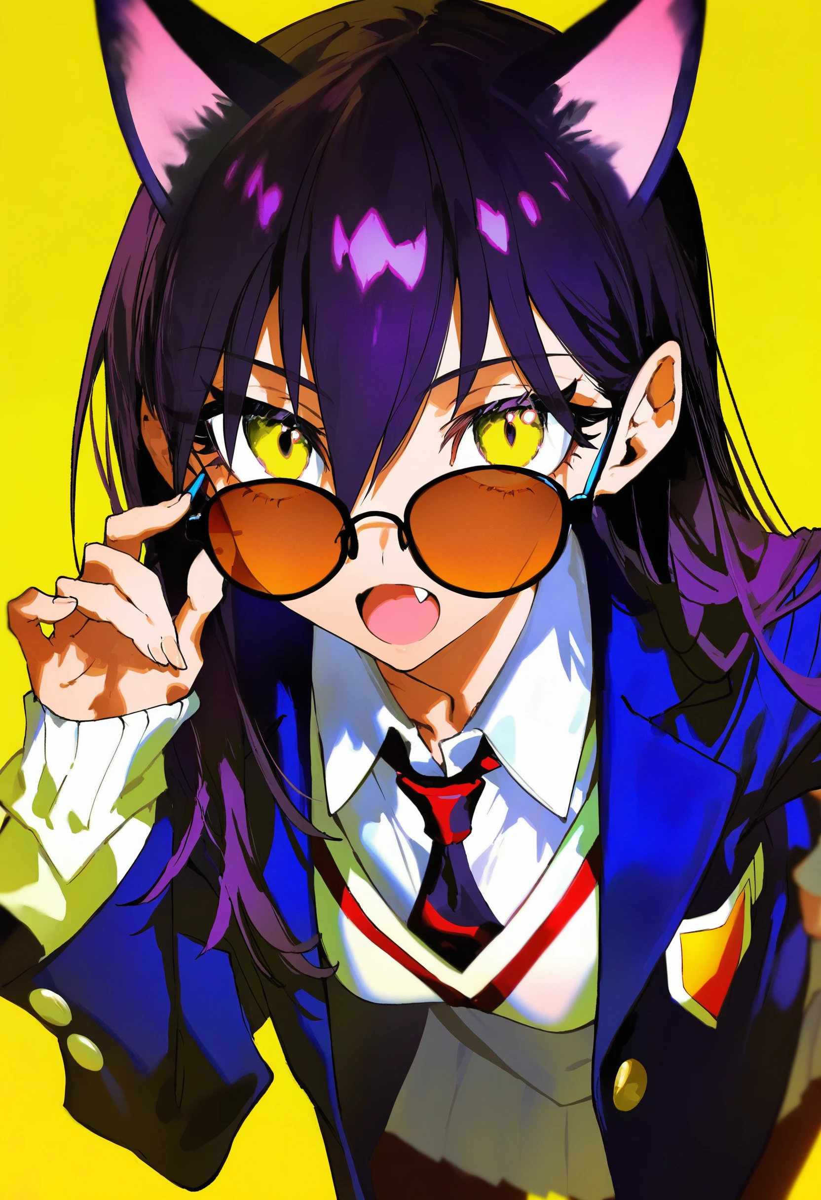 nyaan \(gundam gquuuuuux\), 
artist:[mika pikazo|yoneyama mai|dino \(dinoartforame\)|quasarcake],
1girl, solo, yellow background, looking at viewer, yellow eyes, long hair, school uniform, hair between eyes, simple background, collared shirt, black hair, hair behind ear, white shirt, open mouth, portrait, blue jacket, blazer, necktie, purple hair, close-up, bent over, leaning forward, adjusting eyewear, sunglasses, looking over eyewear, holding eyewear, cat ears, fang,
absurdres, masterpiece, best quality, very aesthetic