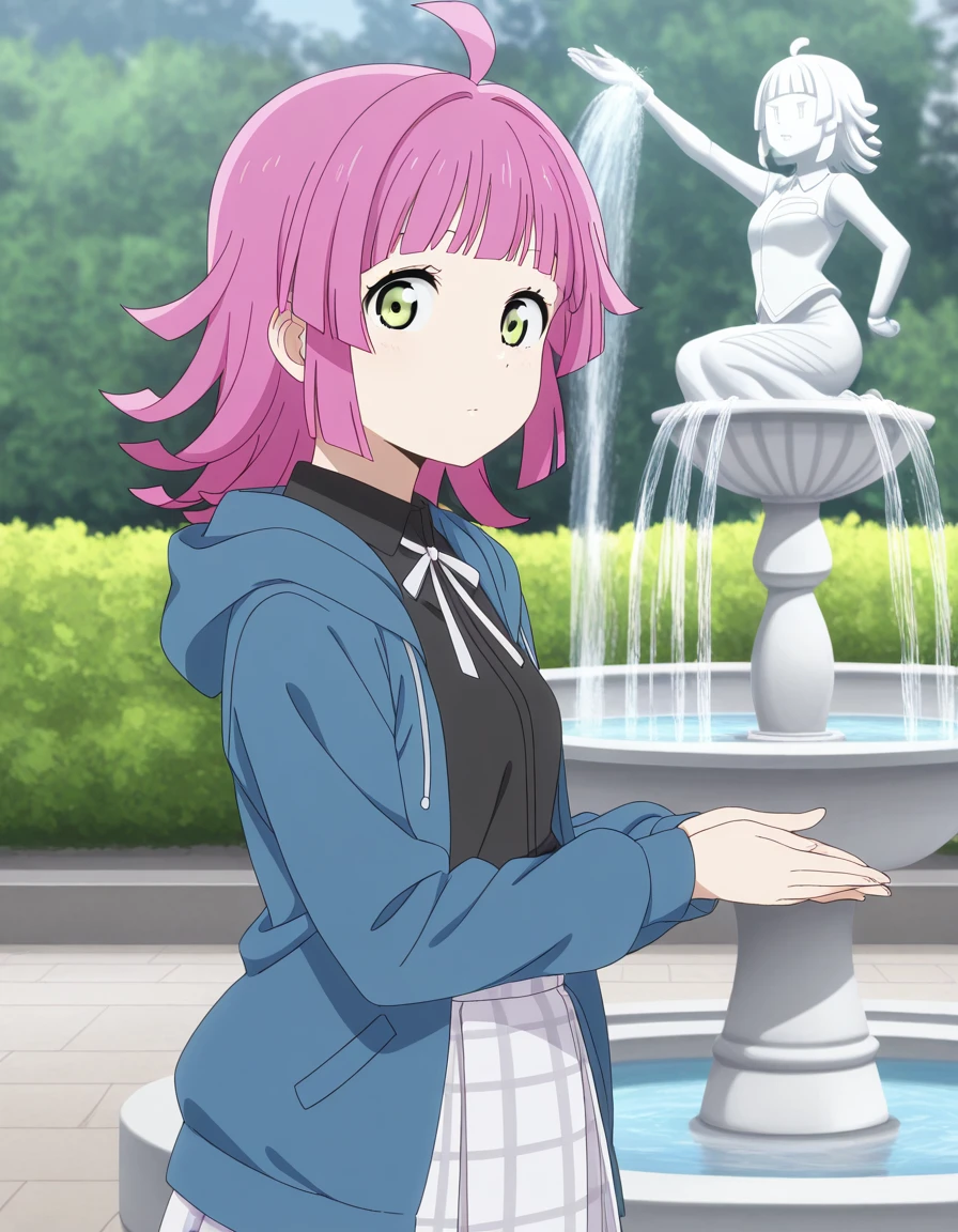 masterpiece, best quality, amazing quality,, <lora:rina-tennouji-s2-illustriousxl-lora-nochekaiser:1>, rina tennouji, tennouji rina, bangs, yellow eyes, pink hair, ahoge, blunt bangs, medium hair, blunt ends, mature female, small breasts, anime screencap, skirt, shirt, ribbon, collared shirt, plaid, black shirt, neck ribbon, plaid skirt, white skirt, jacket, blue jacket, hood, checkered skirt,, from side, fountain, water, spray, sculpture, garden, cowboy shot, solo, looking at viewer,