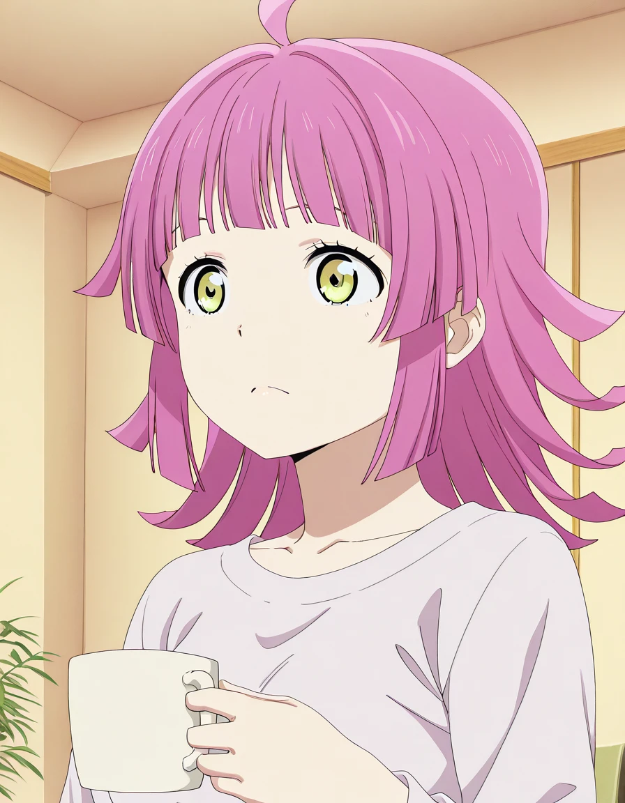 masterpiece, best quality, amazing quality,, <lora:rina-tennouji-s2-illustriousxl-lora-nochekaiser:1>, rina tennouji, tennouji rina, bangs, yellow eyes, pink hair, ahoge, blunt bangs, medium hair, blunt ends, mature female, small breasts, anime screencap, <lora:shinji-holding-a-mug-illustriousxl-lora-nochekaiser:1>, shinji holding a mug, holding, cup, frown, holding cup, mug, indoors, solo, ,
