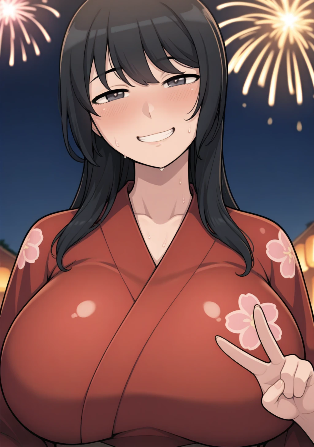 (POV Getting A Present : 1.3), white dress, (night luxury deck background), fire works, Litchi Faye-Ling, mature woman, anime cels style, best quality, high resolution, 1girl, (huge breasts:1.2), beautiful face, Beautiful Finger, Beautiful long legs, Beautiful body, Beautiful Nose,Beautiful character design, black hair, very long hair, ponytail,Bangs,purple eyes, (cowboy shot), smiling, blushing, looking at viewer
