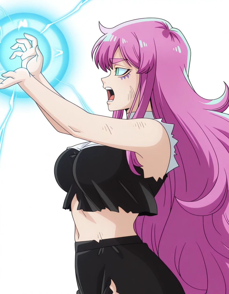 masterpiece, best quality, amazing quality,, <lora:sister-gigant-s1-illustriousxl-lora-nochekaiser:1>, sister gigant, long hair, very long hair, green eyes, pink hair, facial mark, mature female, breasts, anime screencap, <lora:kamehameha-illustriousxl-lora-nochekaiser:1>, kamehameha, kamehameha (dragon ball), open mouth, incoming attack, torn clothes, shouting, energy, energy beam, energy ball, from side, electricity,, , <lora:transparent-background-illustriousxl-lora-nochekaiser:1>, transparent background, simple background, white background