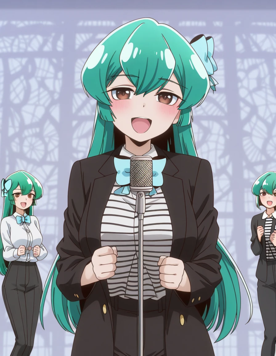 masterpiece, best quality, amazing quality,, <lora:sayo-minakami-s1-illustriousxl-lora-nochekaiser:1>, sayo minakami, minakami sayo, long hair, brown eyes, bow, hair bow, green hair, mature female, breasts, anime screencap, <lora:never-gonna-give-you-up-illustriousxl-lora-nochekaiser:1>, never gonna give you up, shirt, pants, black pants, smile, dancing, collared shirt, jacket, microphone stand, microphone, blush, long sleeves, bowtie, white shirt, striped, black jacket, striped shirt, open mouth, singing, open clothes, looking at viewer, hands up,, ,