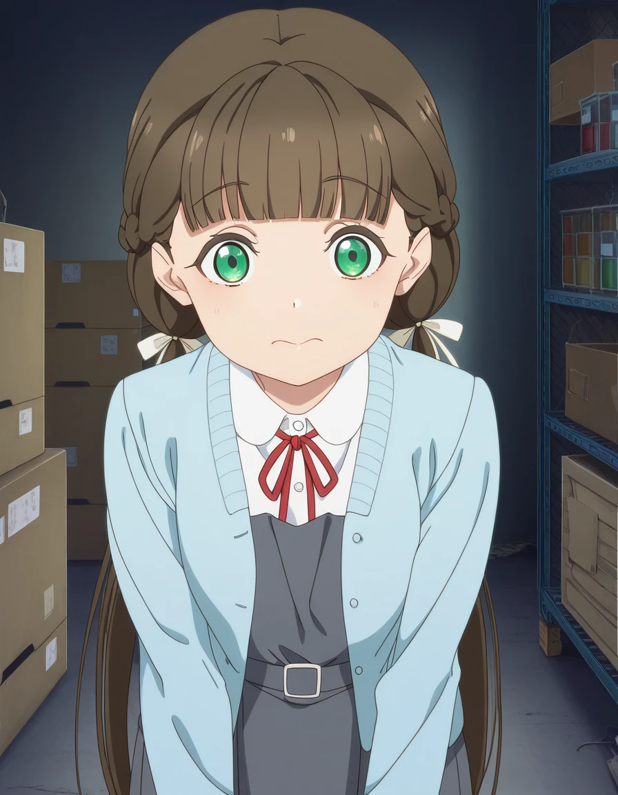 masterpiece, best quality, amazing quality,, <lora:kinako-sakuraouji-s2-illustriousxl-lora-nochekaiser:1>, kinako sakurakouji, sakurakouji kinako, long hair, bangs, brown hair, twintails, green eyes, hair ribbon, braid, blunt bangs, low twintails, mature female, small breasts, anime screencap, shirt, dress, ribbon, jacket, white shirt, open clothes, collared shirt, open jacket, red ribbon, neck ribbon, blue jacket, pinafore dress, grey dress,, hands on own knees, storage room, shelves, boxes, clutter, supplies, cowboy shot, solo, looking at viewer,