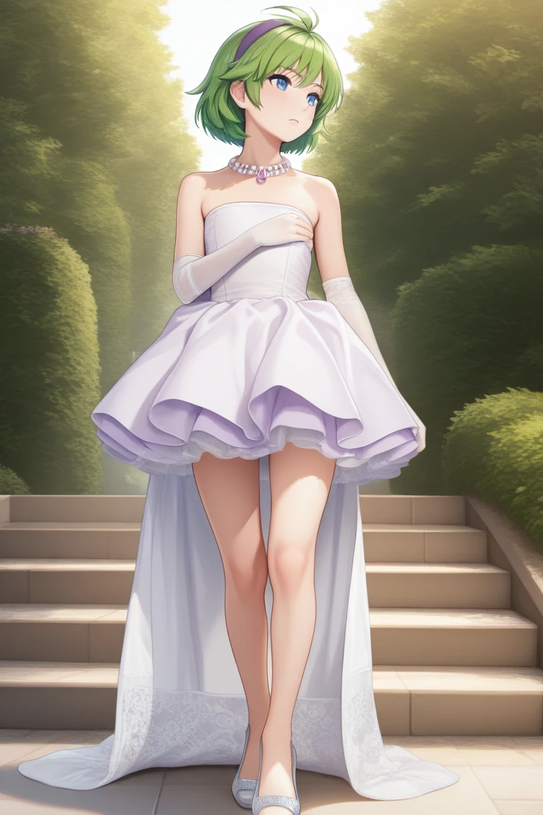 1girl, <lora:white_high_low_dressV1_Illustrious:1> ,white high-low dress,lace train,ruffled skirt,bare shoulders,strapless,pearl necklace,jewelry,white lace elbow gloves,white footwear,outdoors, high heels, masterpiece, best quality, amazing quality, newest,, <lora:nino-fe-richy-v1_ixl:1>,nin0rng, blue eyes, green hair, short hair, antenna hair, purple hairband
