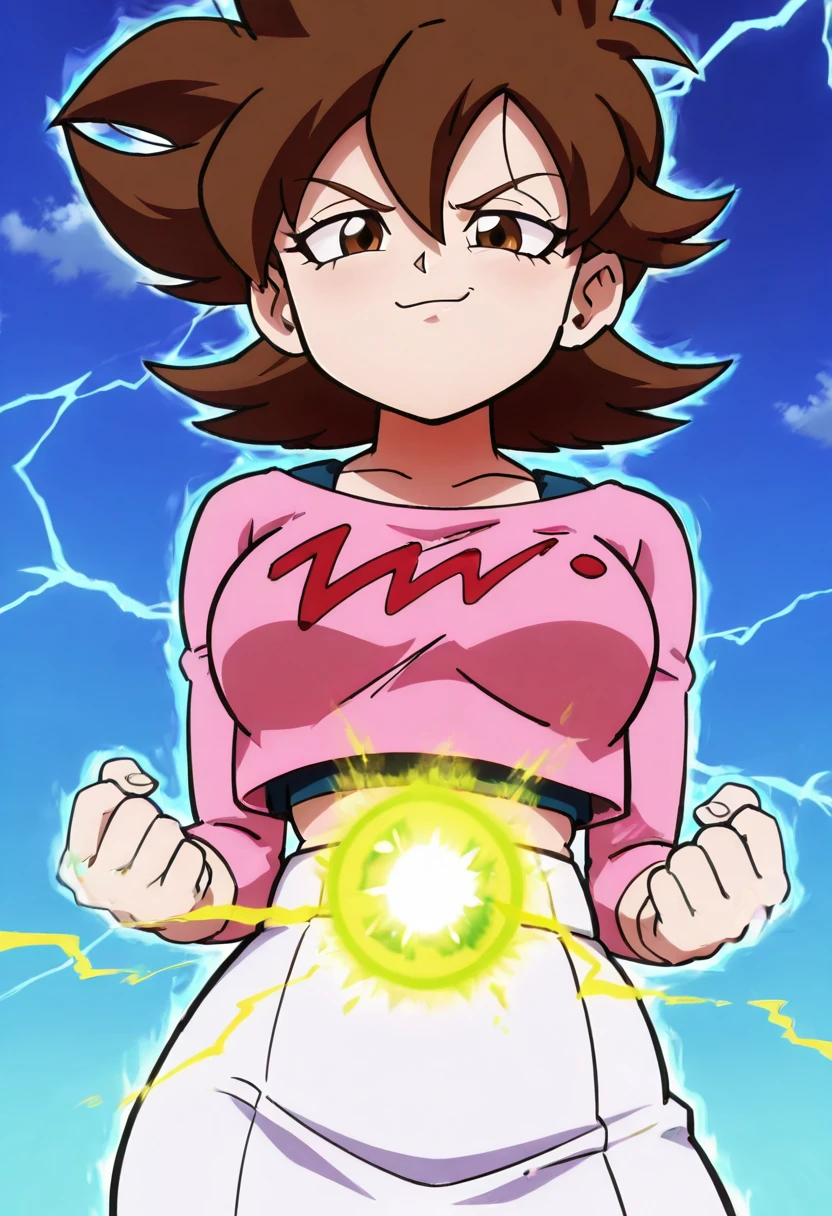 masterpiece, best quality, solo, curvy, beautiful eyes, narrow waist, wide hips, large breasts,zzTachibana, brown eyes, hair between eyes, brown hair, flipped hair, short hair, spiked hair, pink shirt, long sleeves, white skirt, crop top, midriff, , <lora:TachibanaHiromiIXL:1.0>, ,vivid aura, looking at viewer, blue background, smug, aura, super saiyan, charging energy, energy ball, energy, lightning, <lora:DBSBroly_Style_IXL_v2:0.6>,