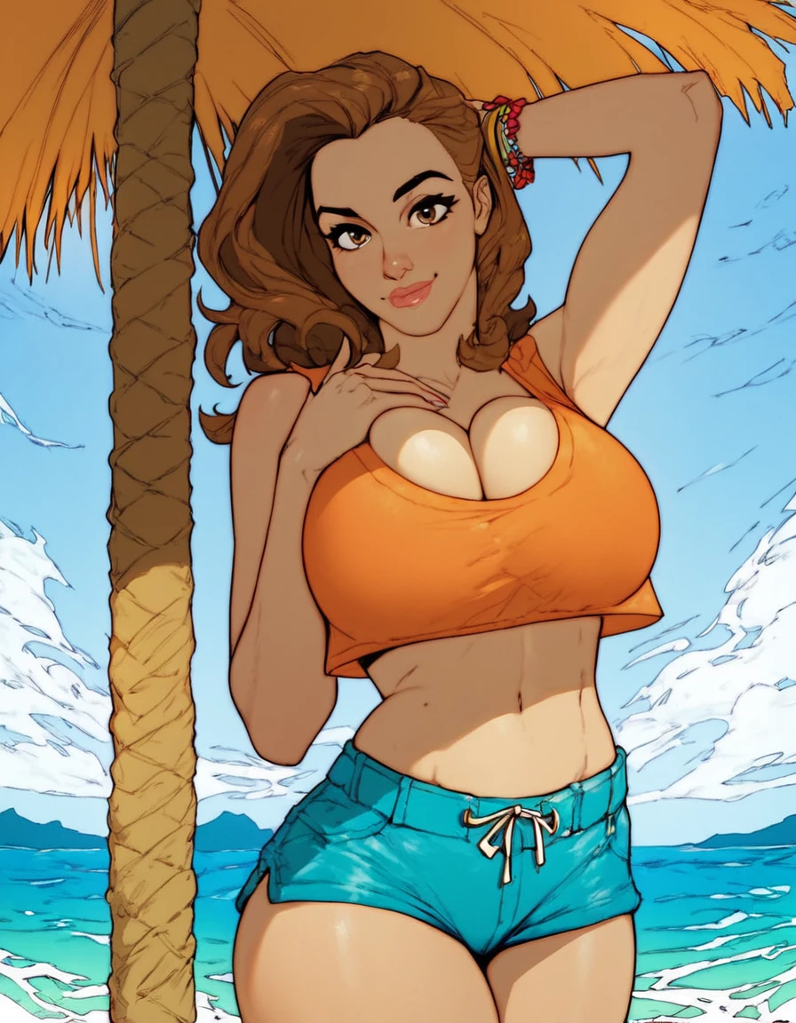 masterpiece, best quality, 1girl, solo, brown hair, long hair, curly hair, hazel eyes, caucasian, decent bust, cute, full body, bikini, beach