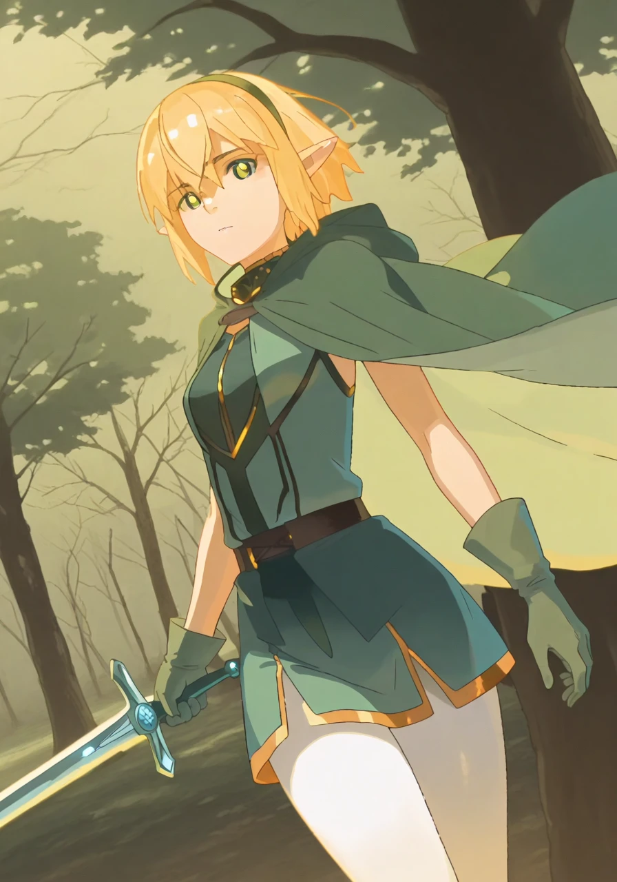 1girl, blonde hair, cape, day, ear covers, elf, gloves, gold trim, green cape, green eyes, green gloves, green hairband, hair between eyes, hairband, holding, holding sword, holding weapon, looking at viewer, outdoors, pantyhose, pointy ears, solo, standing, sword, transparent weapon, tree, weapon, white pantyhose, BREAK character_concept, cowboy_shot, (dutch_angle:1.25), masterpiece, best quality, amazing quality, very aesthetic, absurdres, modern, recent, newest, <lora:FateGO-Memorial2023_IL_Style_epoch_6:0.8> F4t3M3m0, <lora:FateGO-Memorial2023V2_IL_Style_epoch_6:0.8> F4t3M3m0V2, fantasy, novel illustration, cover image, <lora:FateGO-Memorial2023_IL_Concept_epoch_7:1> F4t3M3m0C