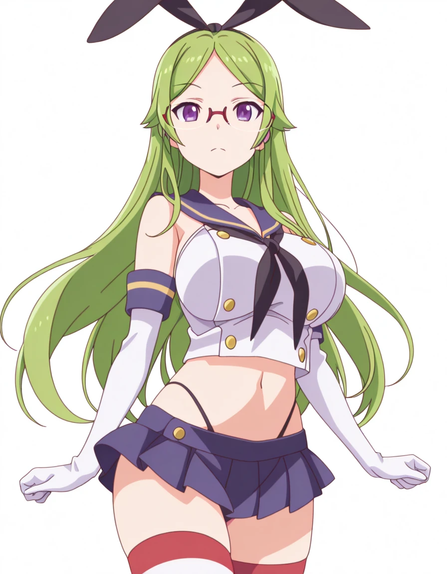masterpiece, best quality, amazing quality,, <lora:mineru-wachi-s1-illustriousxl-lora-nochekaiser:1>, mineru wachi, long hair, bangs, large breasts, purple eyes, green hair, glasses, semi-rimless eyewear, mature female, breasts, anime screencap, <lora:shimakaze-cosplay-illustriousxl-lora-nochekaiser:1>, shimakaze cosplay, shimakaze (cosplay), highleg panties, black neckerchief, microskirt, striped thighhighs, highleg, black panties, elbow gloves, thong, blue sailor collar, white  gloves, crop top, sailor collar, blue skirt, black hairband, bunny ears,, <lora:dynamic-pose-illustriousxl-lora-nochekaiser:1>, dynamic pose, cowboy shot, , <lora:transparent-background-illustriousxl-lora-nochekaiser:1>, transparent background, simple background, white background