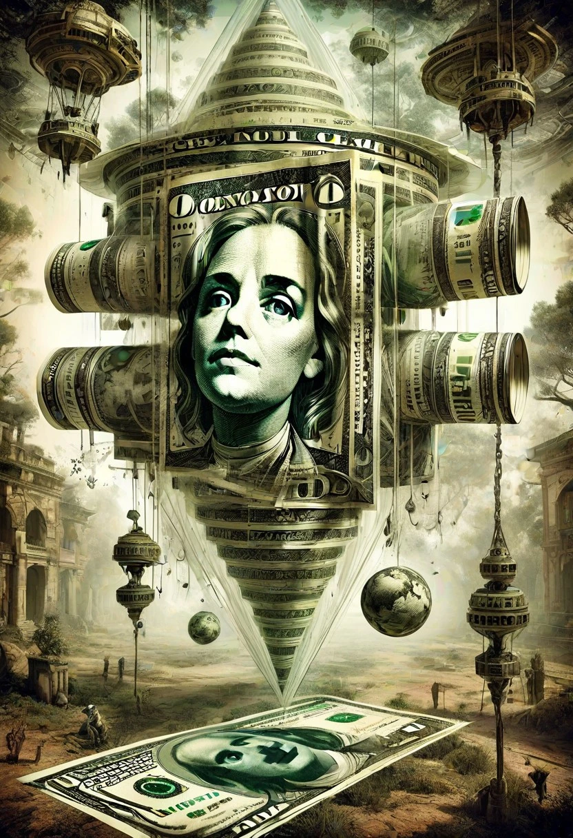 surprising translucent random unexpected inner world of strange dollarnotes dream about gravity, pure creativity, drawing, famous artwork, 35mm photography, surrealism, double exposure, 24bit colors, fractal art, by Russ Mills