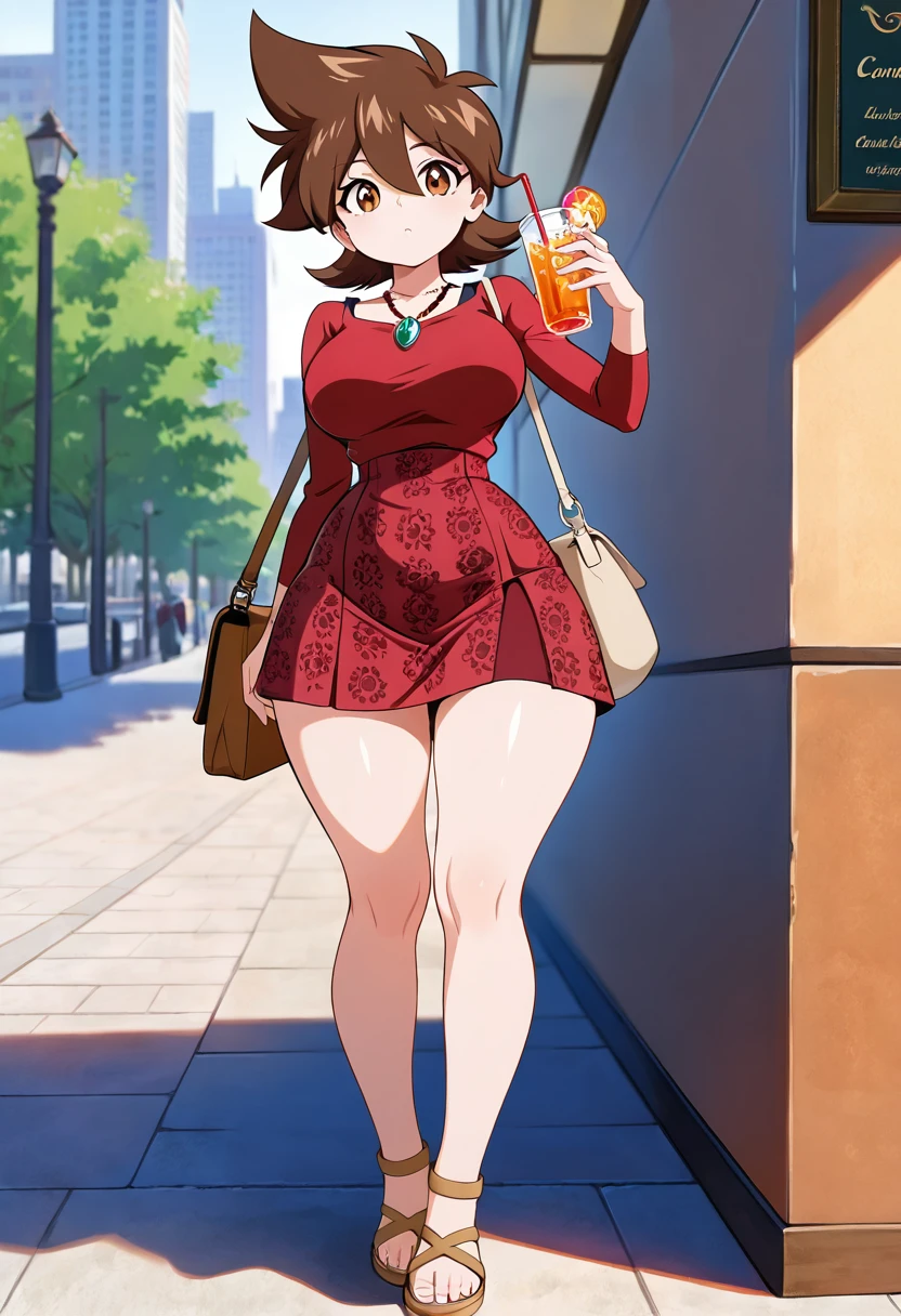 masterpiece, best quality, solo, curvy, beautiful eyes,  narrow waist, wide hips, large breasts,zzTachibana, brown eyes, hair between eyes, brown hair, flipped hair, short hair, spiked hair,   ,       <lora:TachibanaHiromiIXL:0.8>, [Cultural City Tour], comfortable but stylish maxi dress with boho patterns, leather crossbody bag with fringe details, comfortable flat sandals, chunky statement necklace, large sunglasses, city streets with historic landmarks in the background, sipping a local drink while exploring art galleries and cafes,